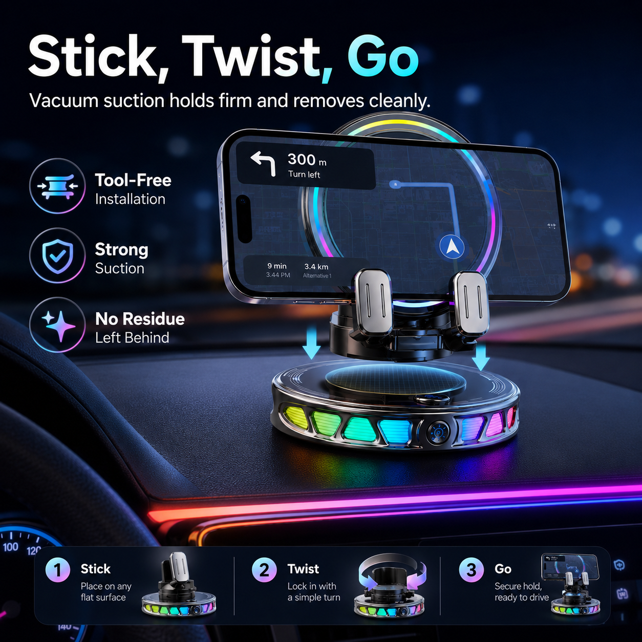 Heavy duty suction base and triangular support car phone mount
