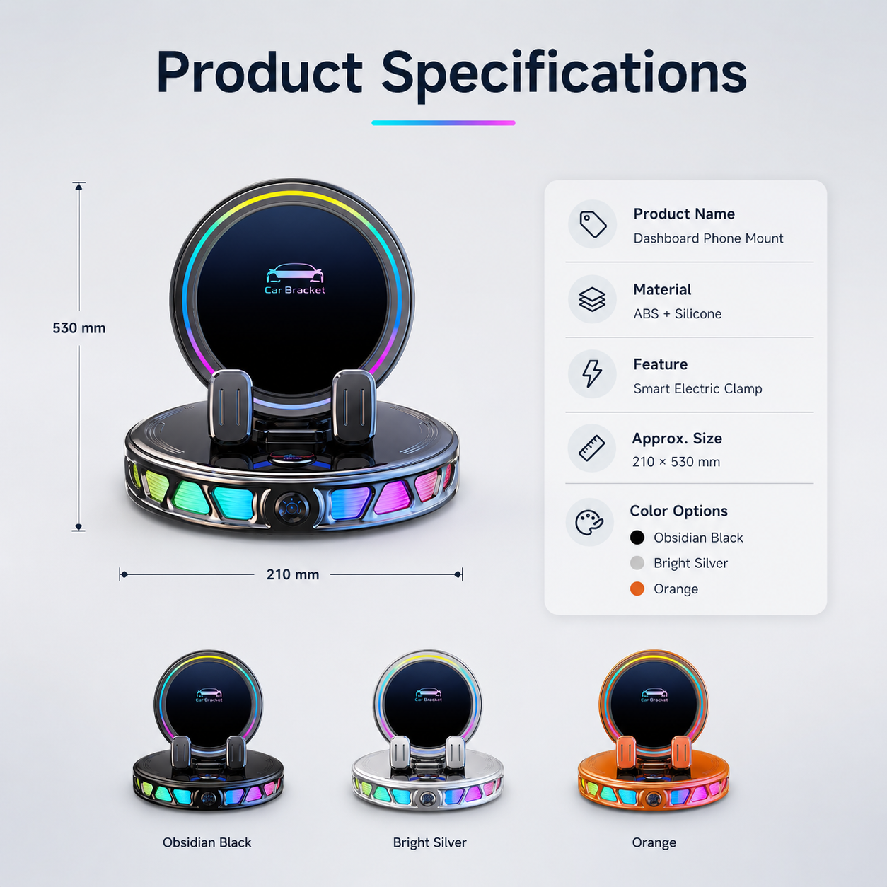 Tool free universal dashboard phone holder color options
