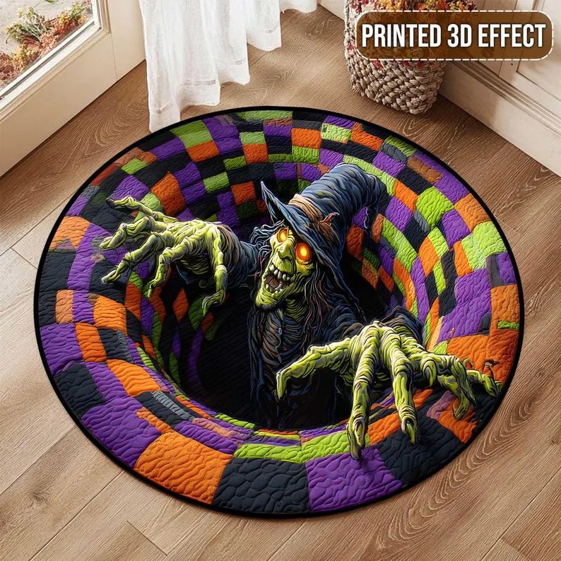 🎃3D Skeleton Vortex Quilted Round Halloween Rug