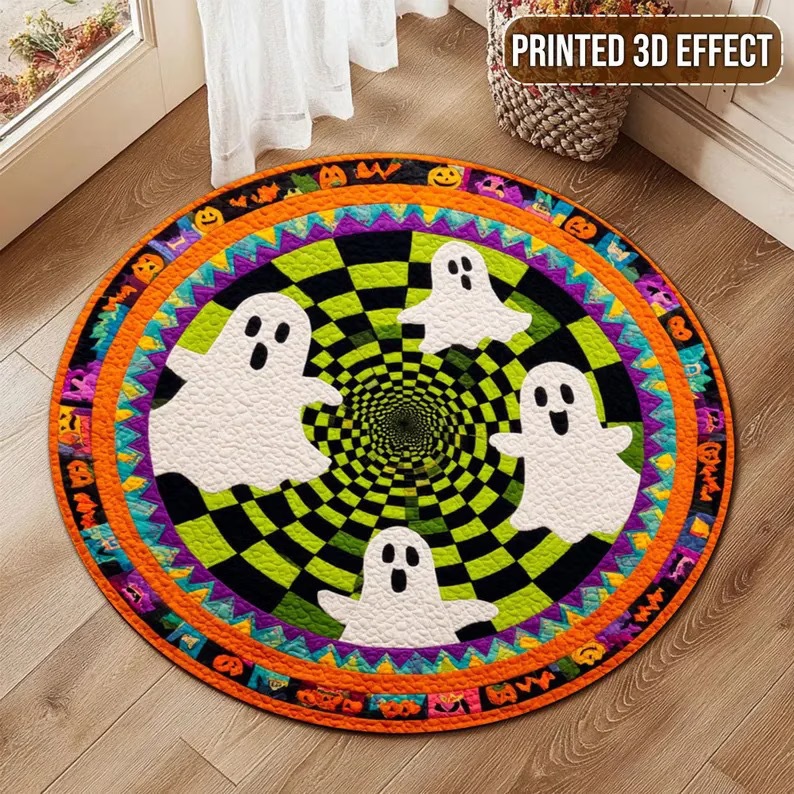 🎃3D Skeleton Vortex Quilted Round Halloween Rug