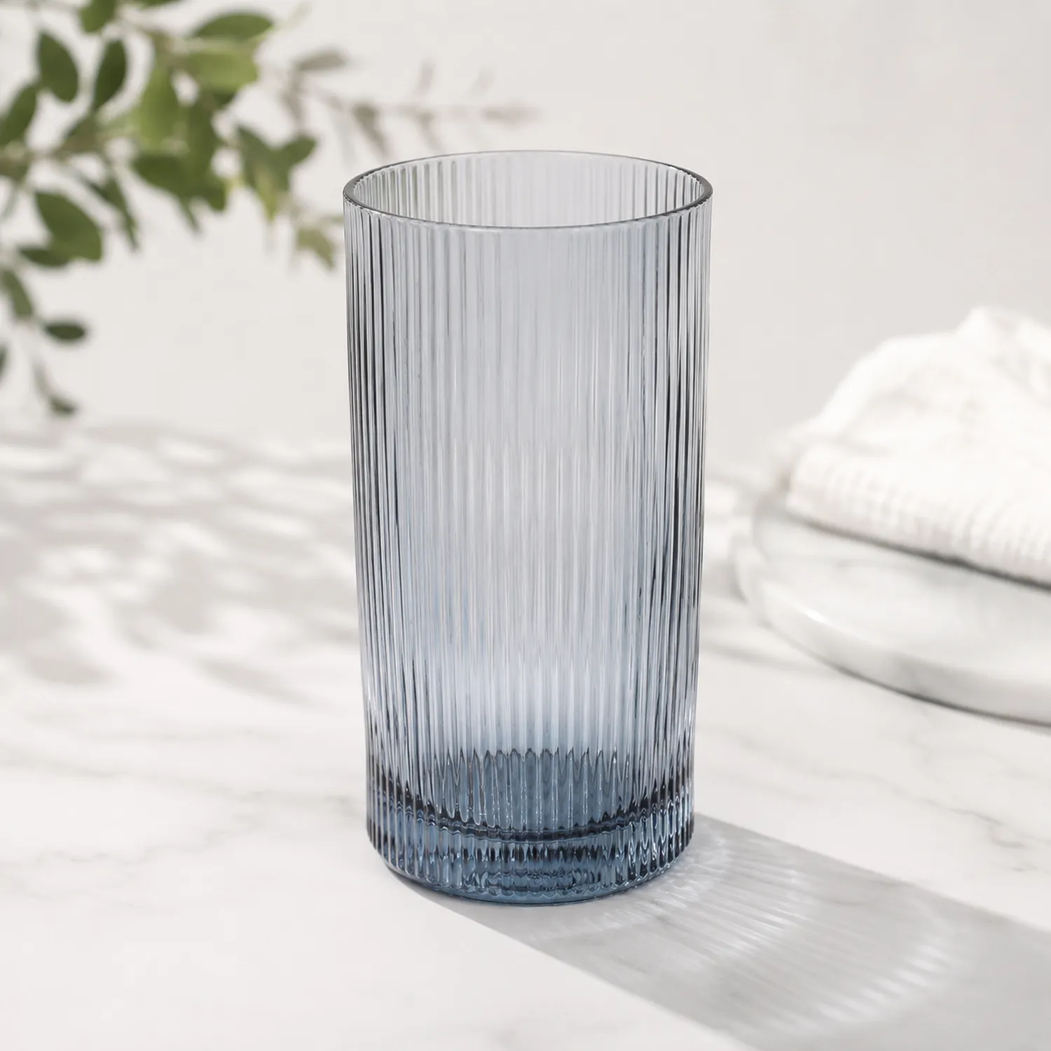 Bicchiere in vetro a coste blu trasparente 300ml 13x7cm-Pexvexia