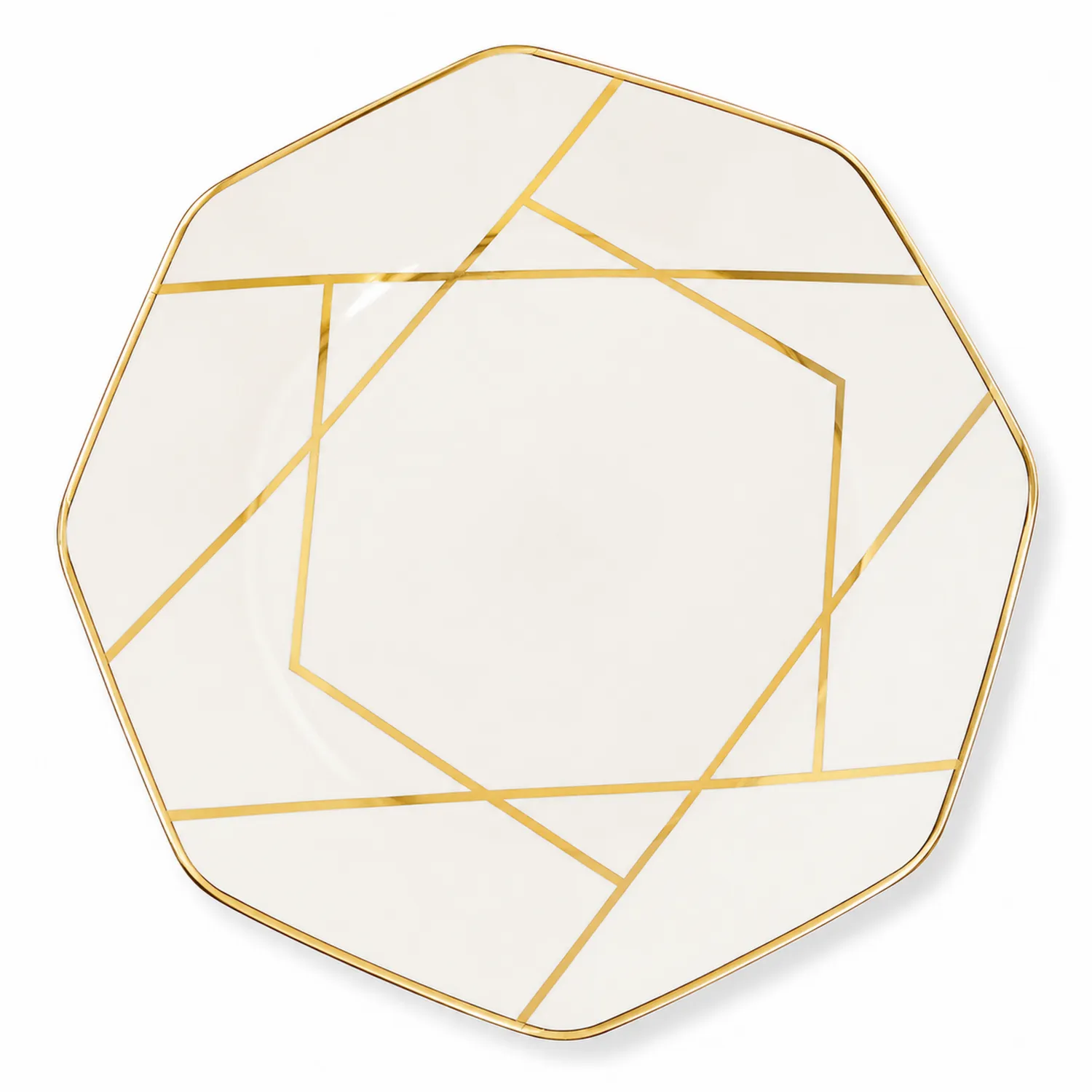 Piatto Ottagonale Decorativo Bianco con Dettagli Dorati-Pexvexia