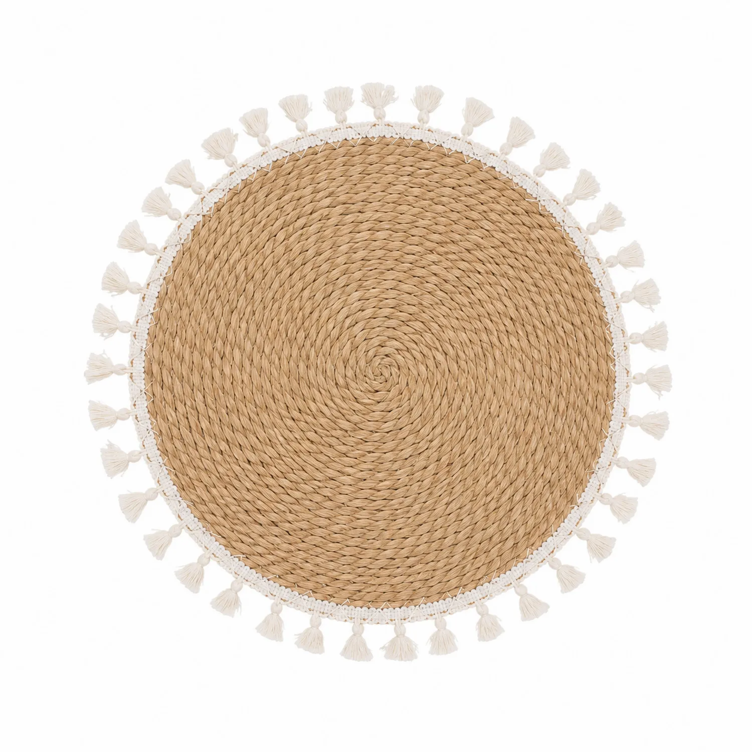 Sottopiatto Rotondo con Frange Naturale, Diametro 38 cm-Pexvexia
