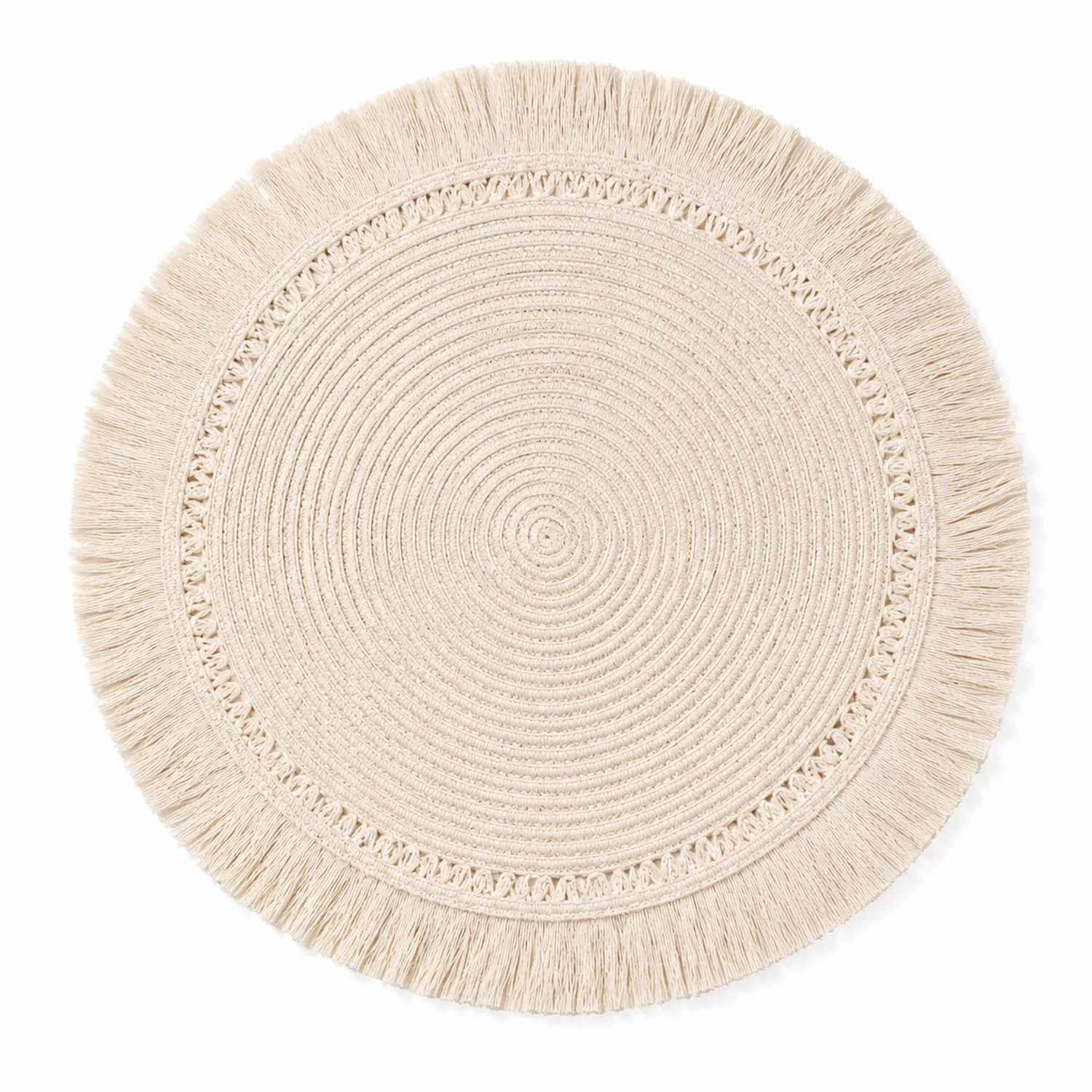 Tovaglietta Rotonda con Frange in Cotone Beige, Diametro 38 cm-Pexvexia