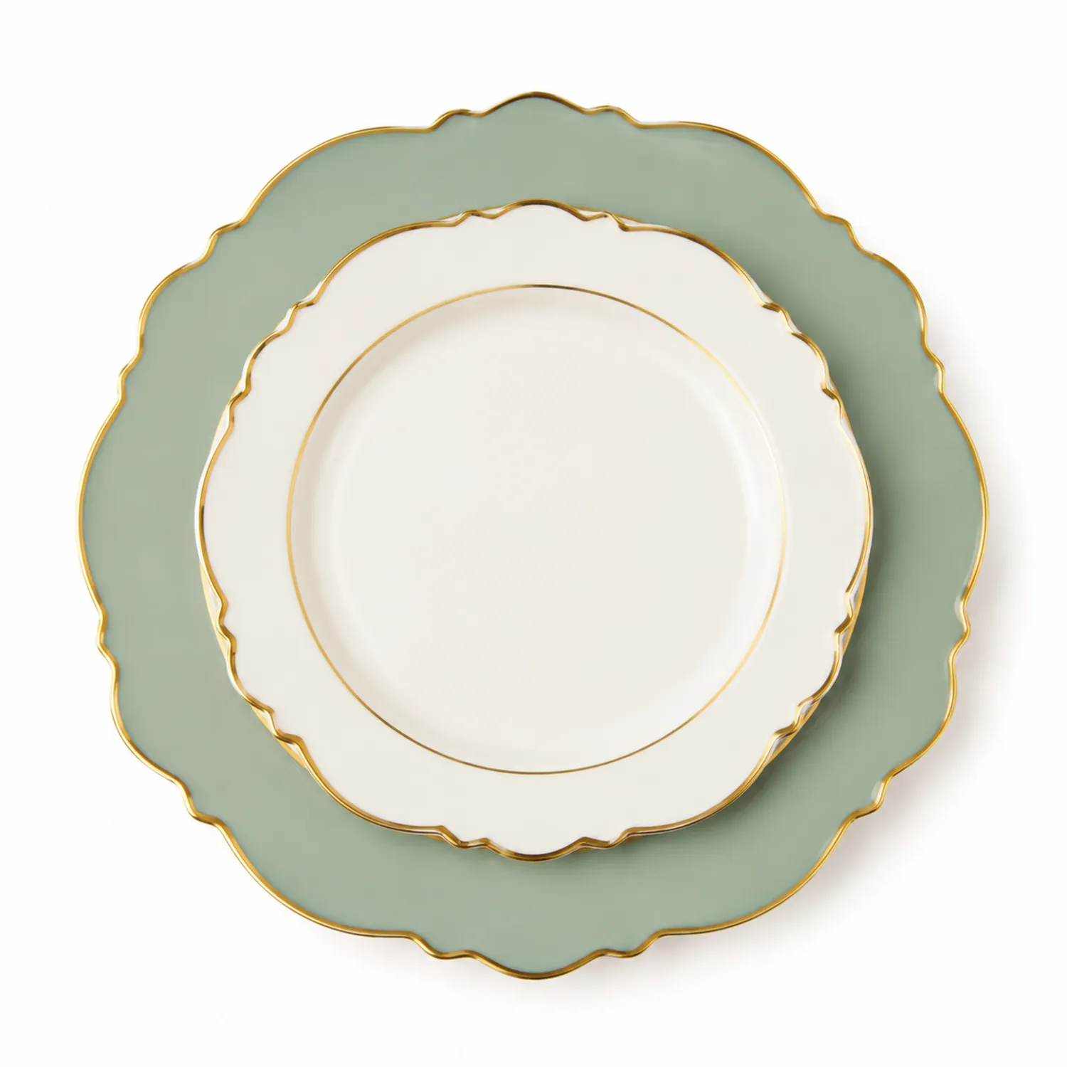 Set di Piatti Decorativi in Avorio e Verde con Bordi Dorati-Pexvexia
