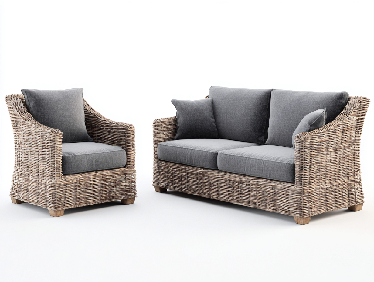 Sofás de exterior ratán sintético 180x80x85 cm - gris-natural - conjunto 2 plazas con sillón diseño moderno-Vamonpanest