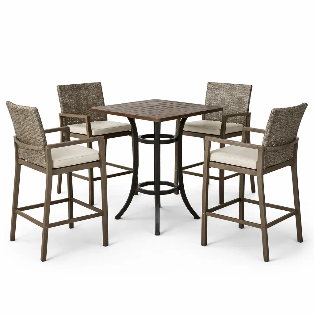 Ensemble de Table Haute avec 4 Chaises en Résine Tressée et Plateau en Bois, Marron/Beige-MOBILIALUX
