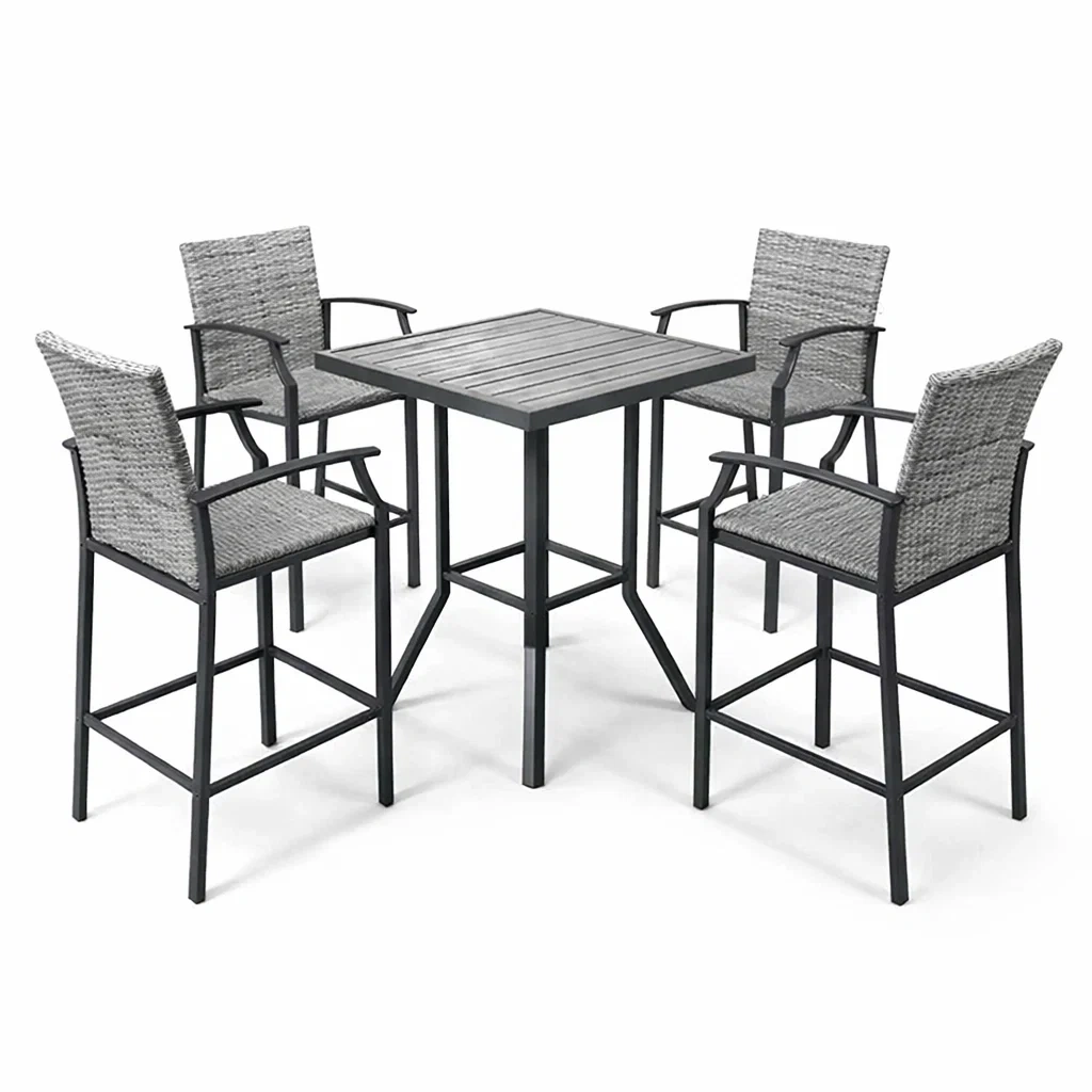 Ensemble de table haute avec 4 chaises en métal et rotin synthétique gris-MOBILIALUX
