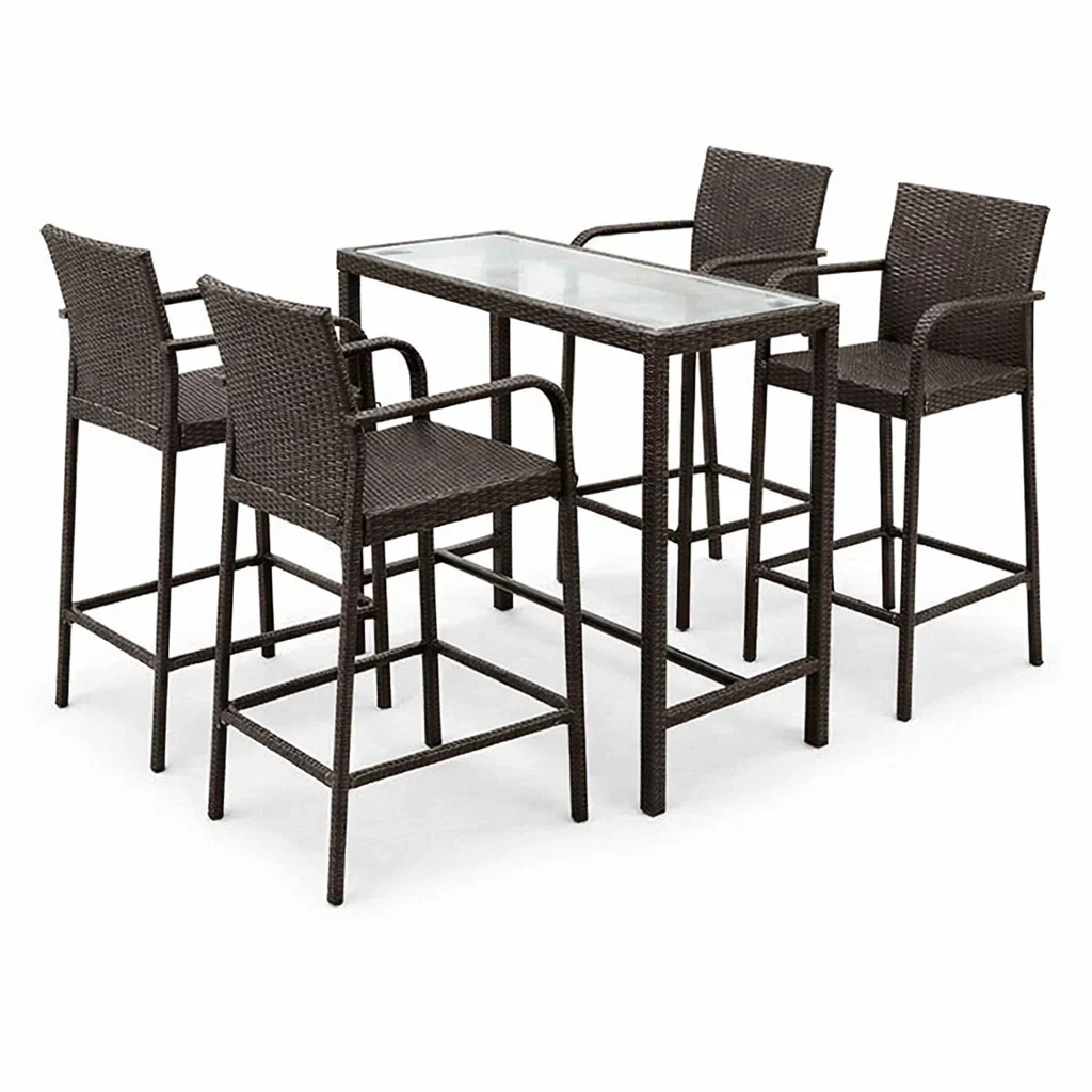 Ensemble de bar en rotin avec table en verre et 4 chaises hautes pour extérieur-MOBILIALUX