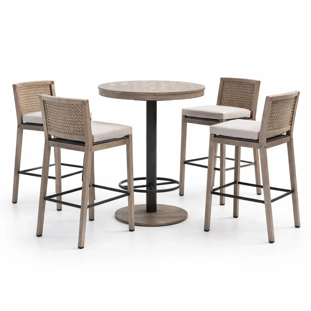 Table de bar ronde en bois avec 4 chaises en rotin et coussins-MOBILIALUX