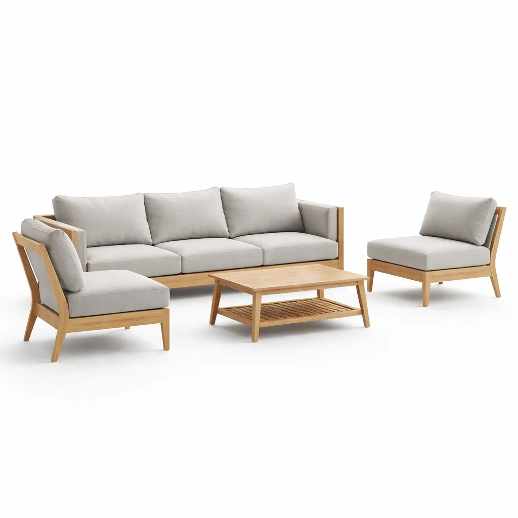 Ensemble de salon en bois avec canapé 3 places, fauteuils, table basse gris-MOBILIALUX