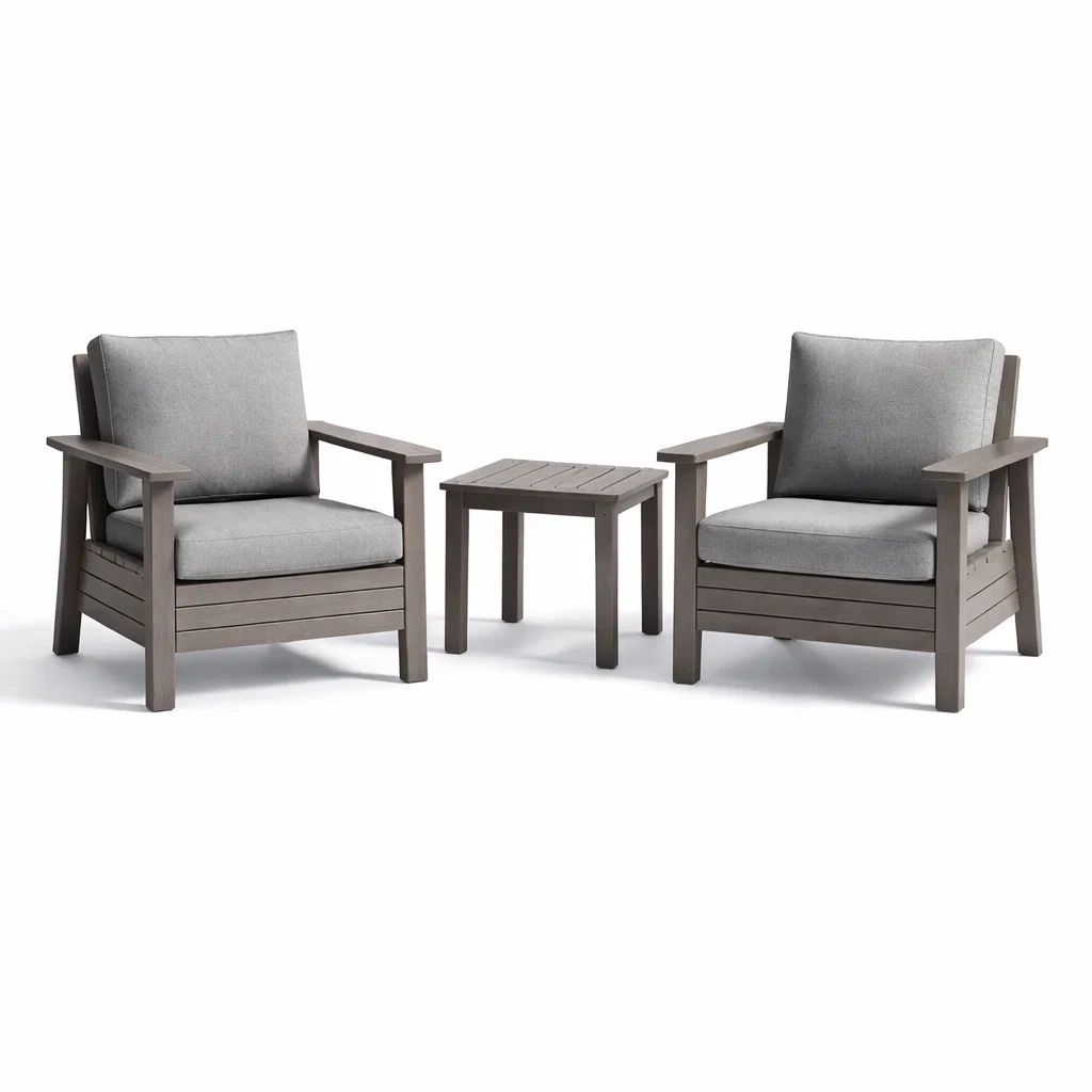 Ensemble de fauteuils et table basse en bois et tissu gris-MOBILIALUX