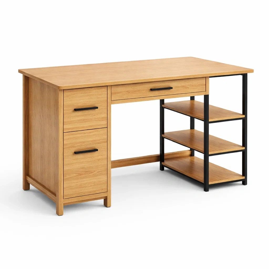 Bureau en bois et métal avec tiroirs et étagères-MOBILIALUX
