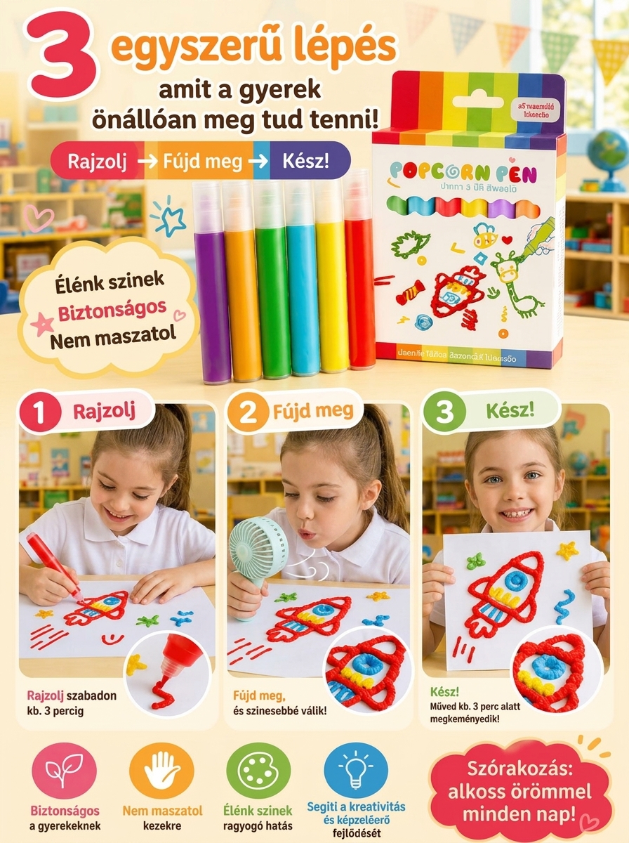 【A síkfestés térbeli művészetté alakul】🎨 "Popcorn" 3D Térbeli Rajztoll - Fejlesztő játék gyerekeknek (-50%)