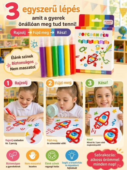 【A síkfestés térbeli művészetté alakul】🎨 "Popcorn" 3D Térbeli Rajztoll - Fejlesztő játék gyerekeknek (-50%)