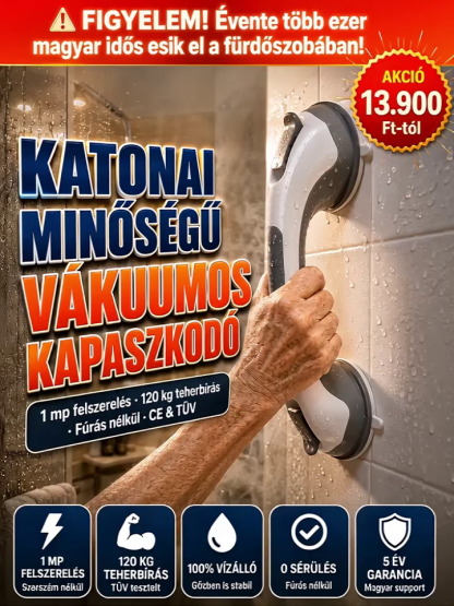 【50% Akció + Utánvét】 Erős Vákuumos Biztonsági Kapaszkodó Időseknek – Fúrás Nélkül, 1 Mp Felszerelés