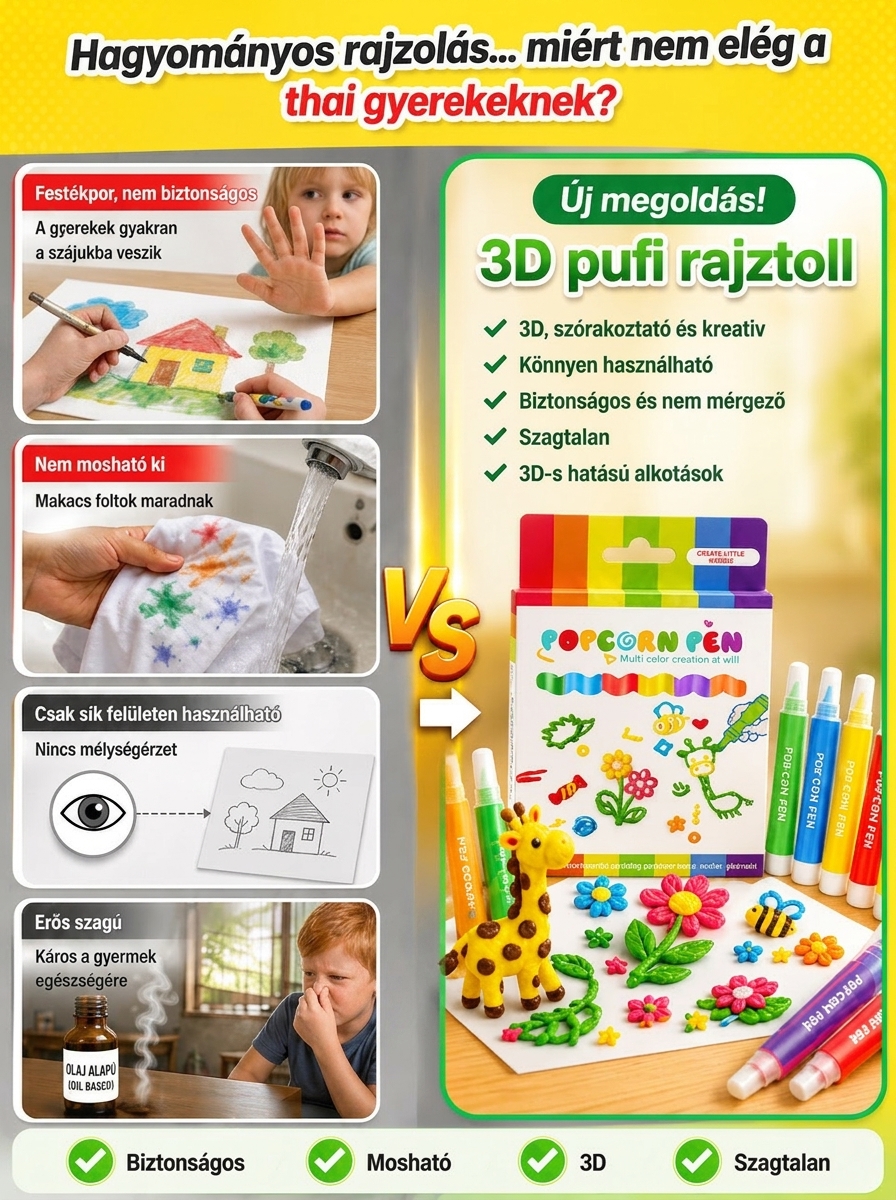 【A síkfestés térbeli művészetté alakul】🎨 "Popcorn" 3D Térbeli Rajztoll - Fejlesztő játék gyerekeknek (-50%)