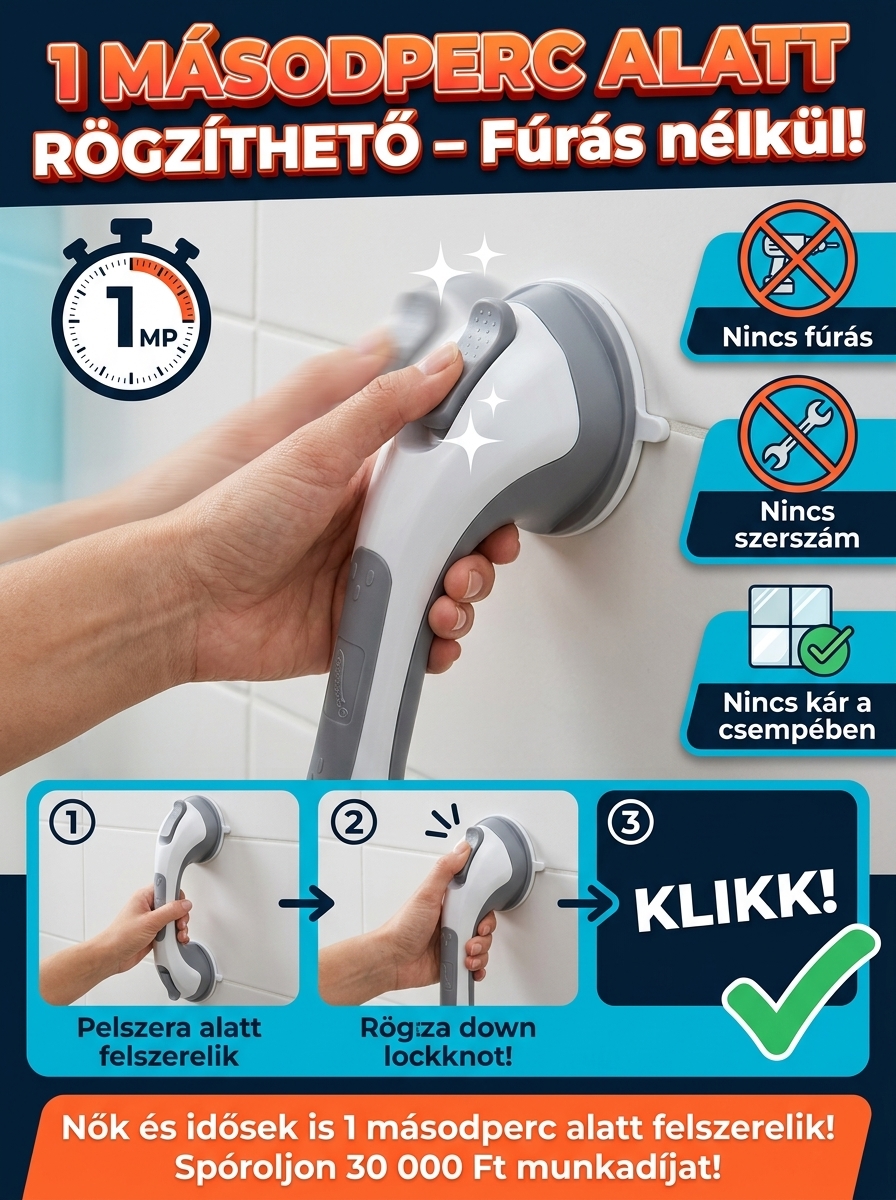 【50% Akció + Utánvét】 Erős Vákuumos Biztonsági Kapaszkodó Időseknek – Fúrás Nélkül, 1 Mp Felszerelés