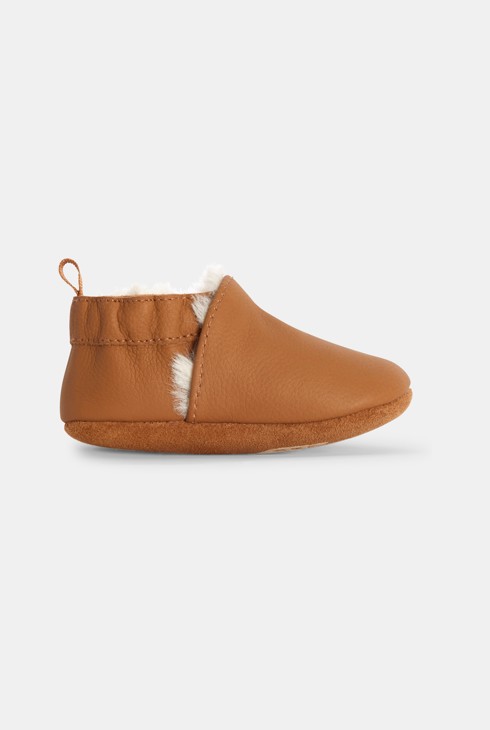 Chaussons cuir souple moumoute beige naissance 1
