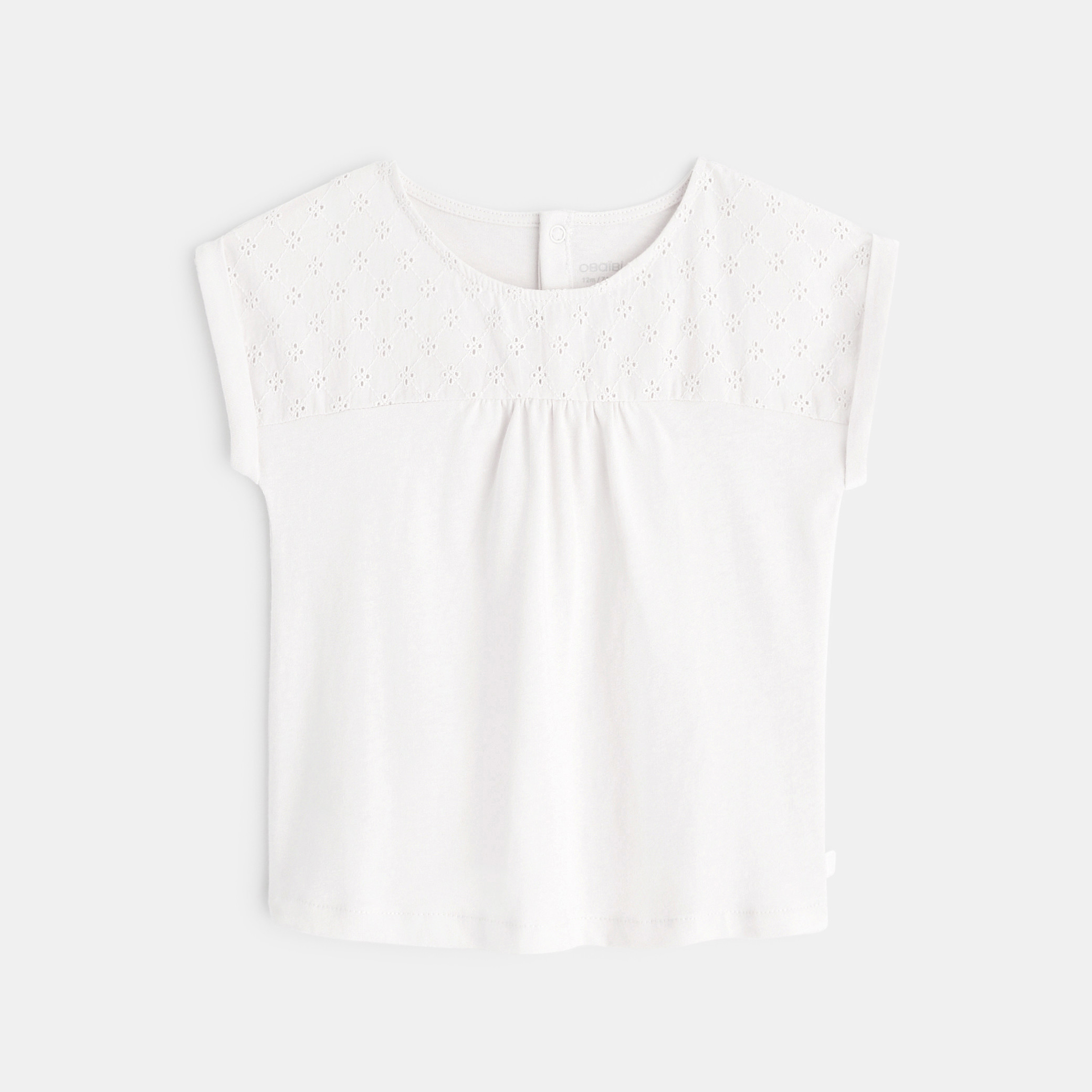 T-shirt bi-matière broderie anglaise violet bébé fille - Blanc