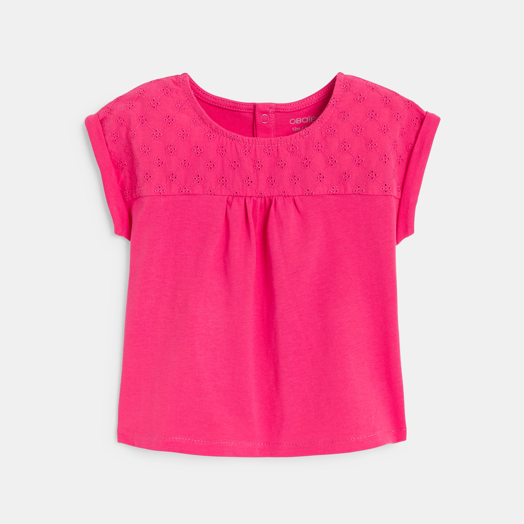 T-shirt bi-matière broderie anglaise violet bébé fille - Rose Tres Fonce