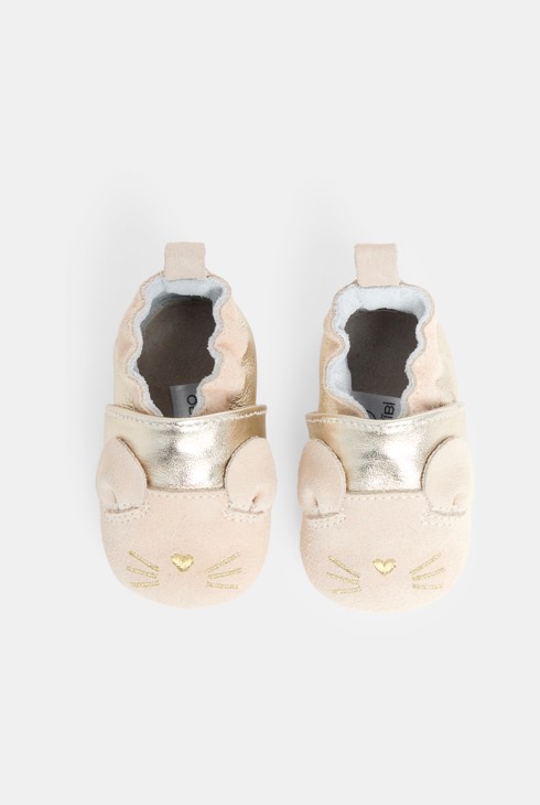 Chaussons cuir frimousse chat rose bébé fille 2