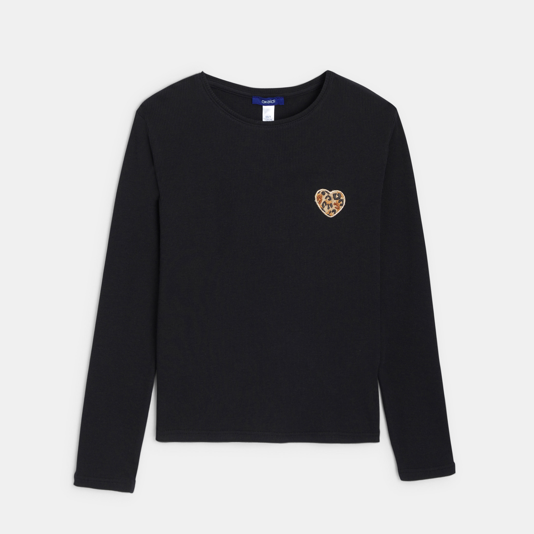 T-shirt manches longues cœur léopard noir Fille - Noir