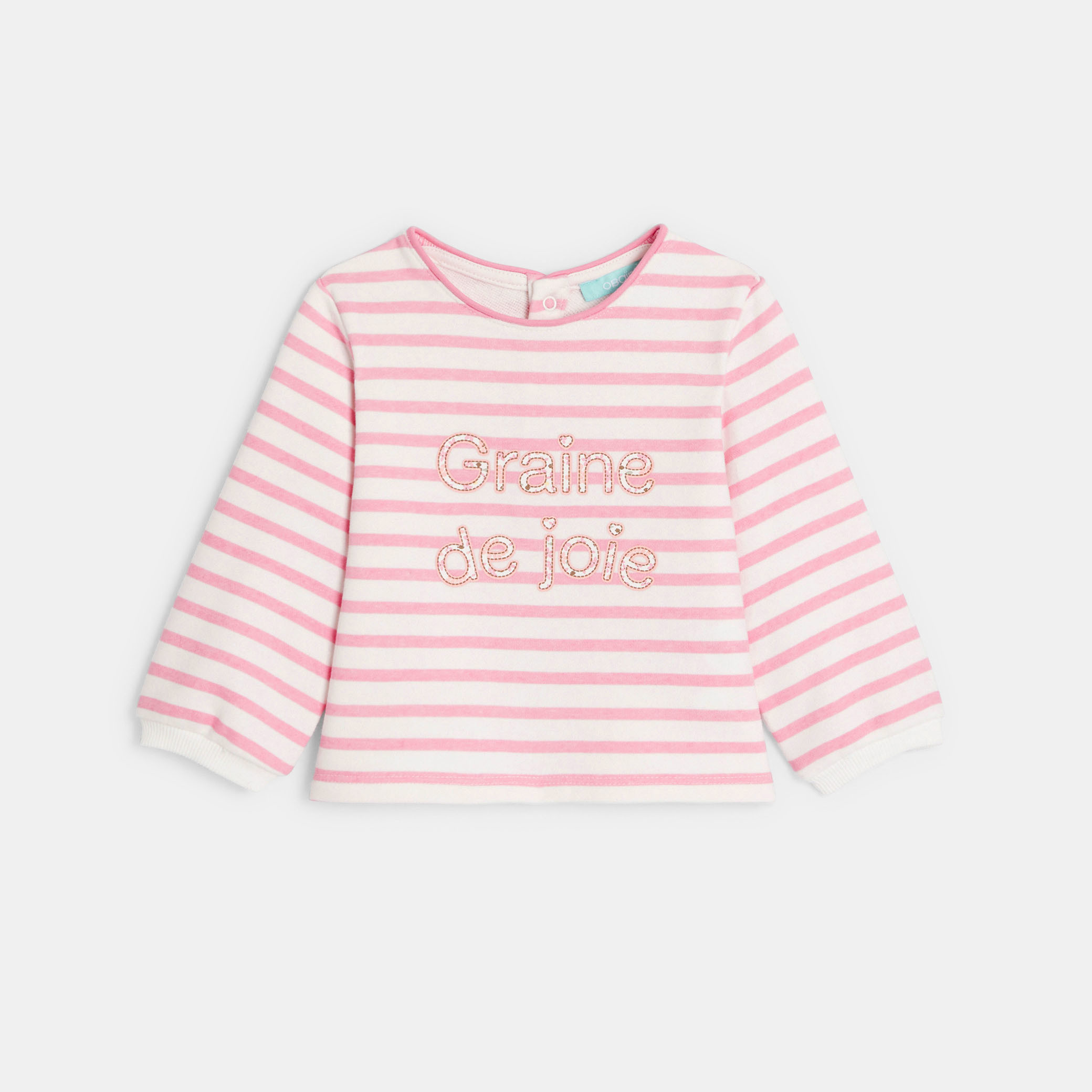 Sweat molleton fleuri à message rose bébé fille - Rayures rose