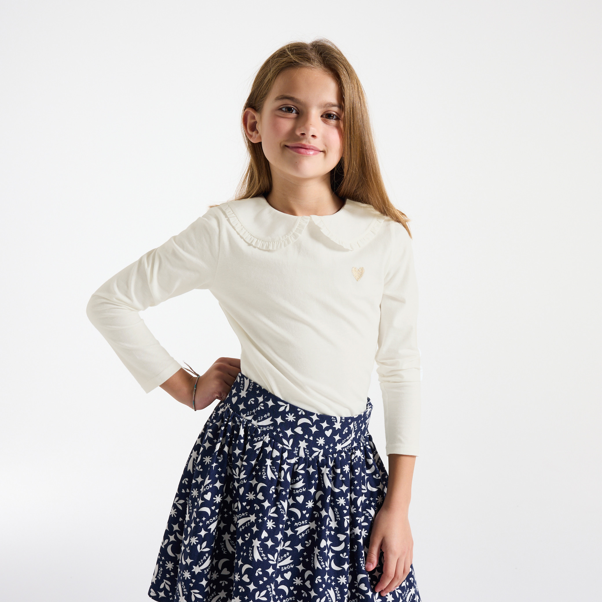 T-shirt manches longues col Claudine blanc Fille - Blanc écru