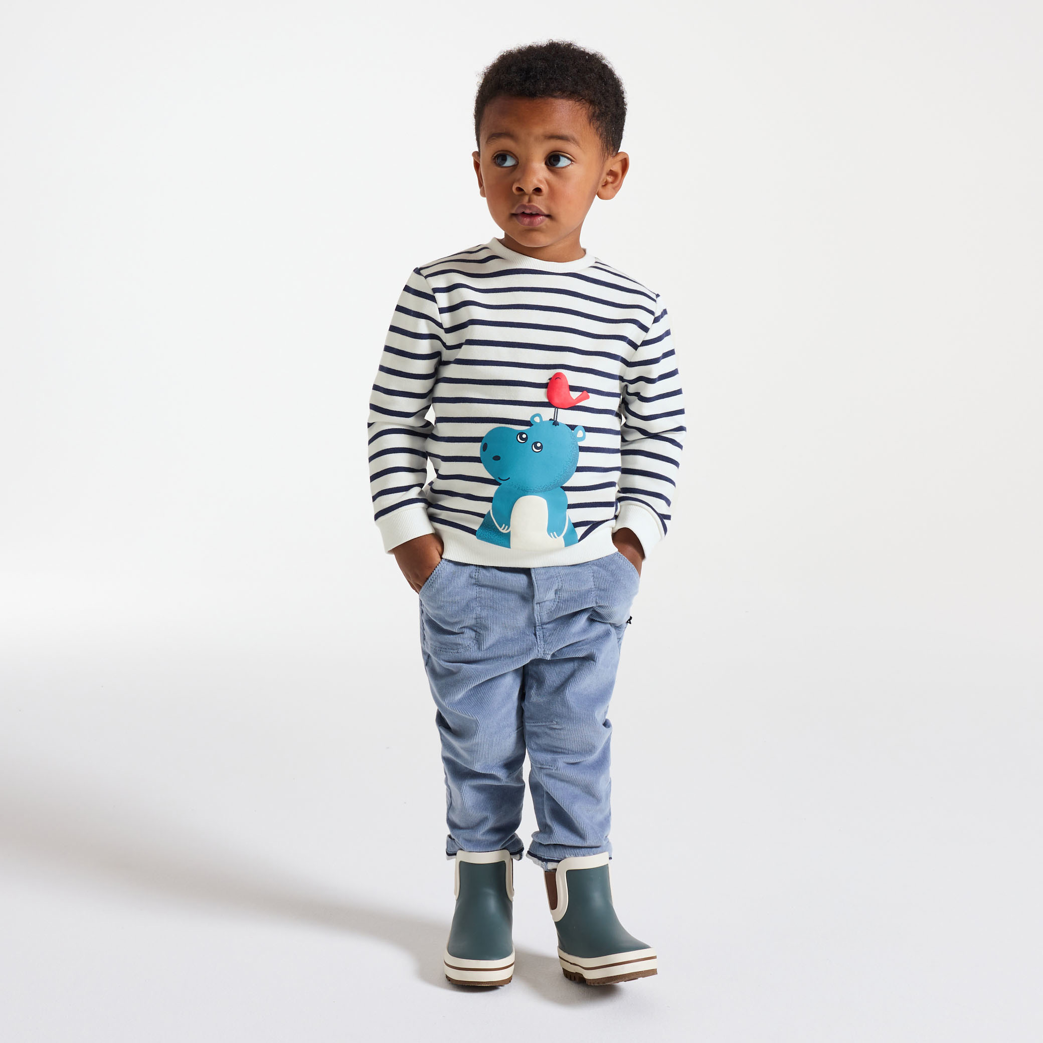 Sweat rayé vert motif animalier bébé garçon - Bleu navy