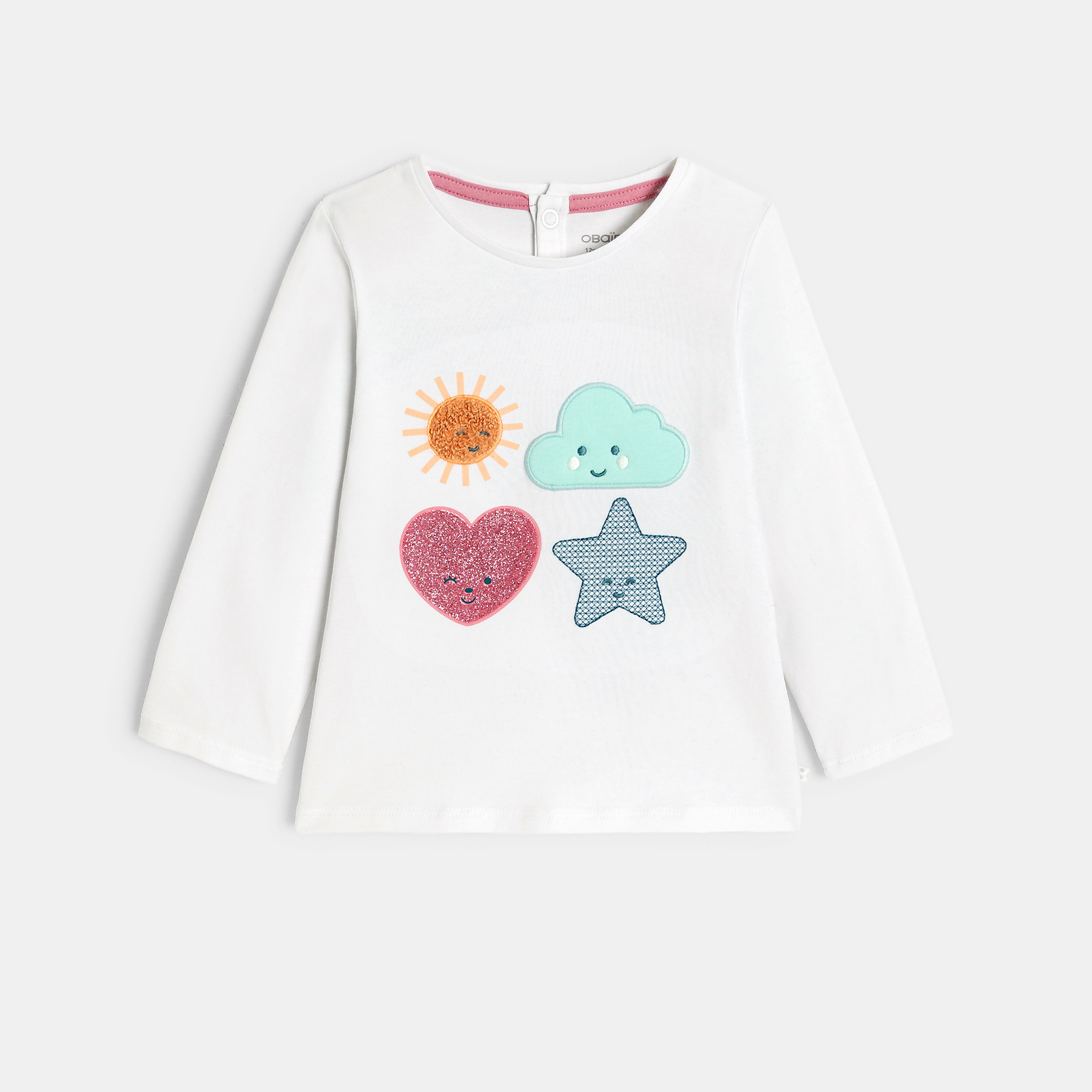 T-shirt blanc manches longues à motif bébé fille - Blanc écru