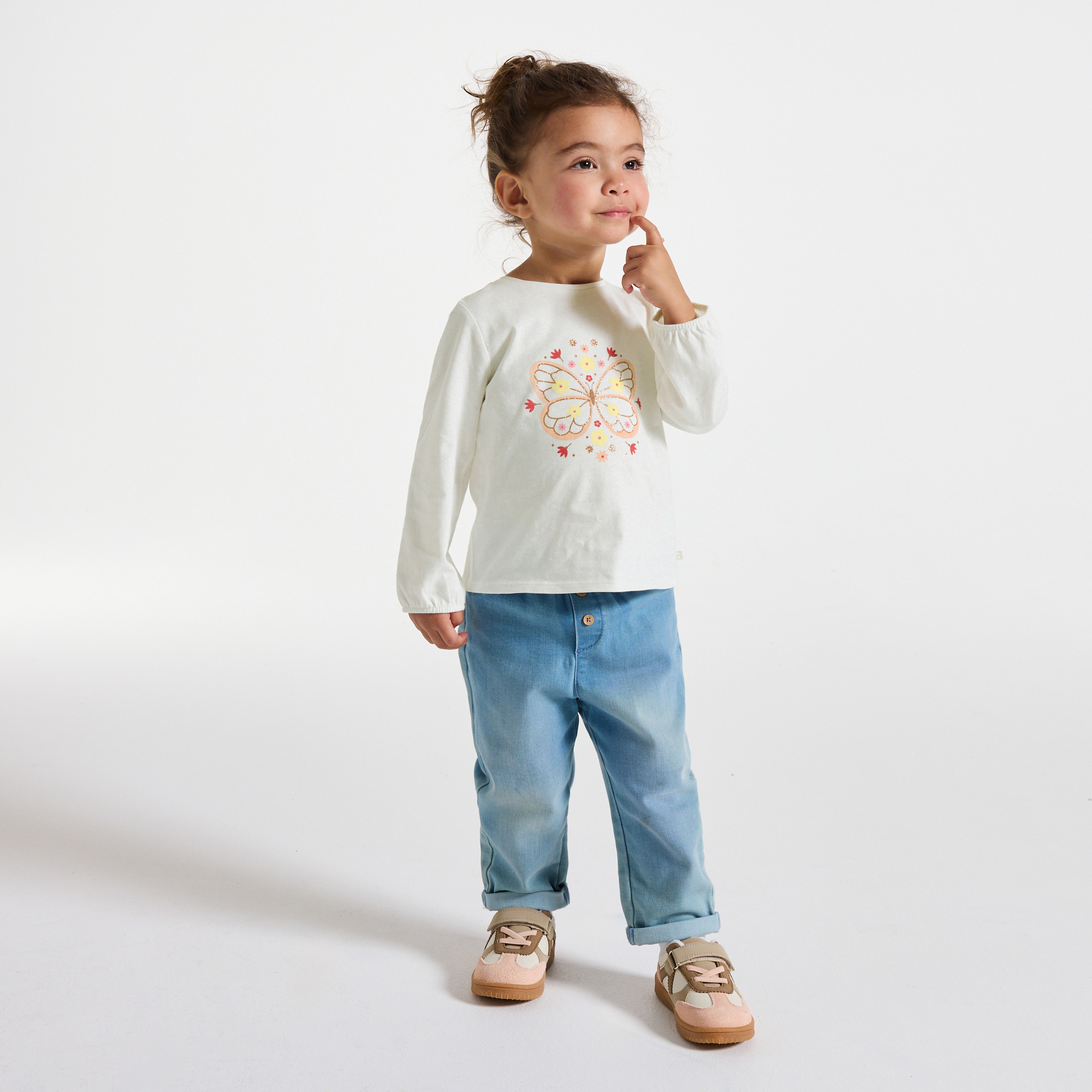 T-shirt blanc manches longues à motif animalier bébé fille - Imprimé orange
