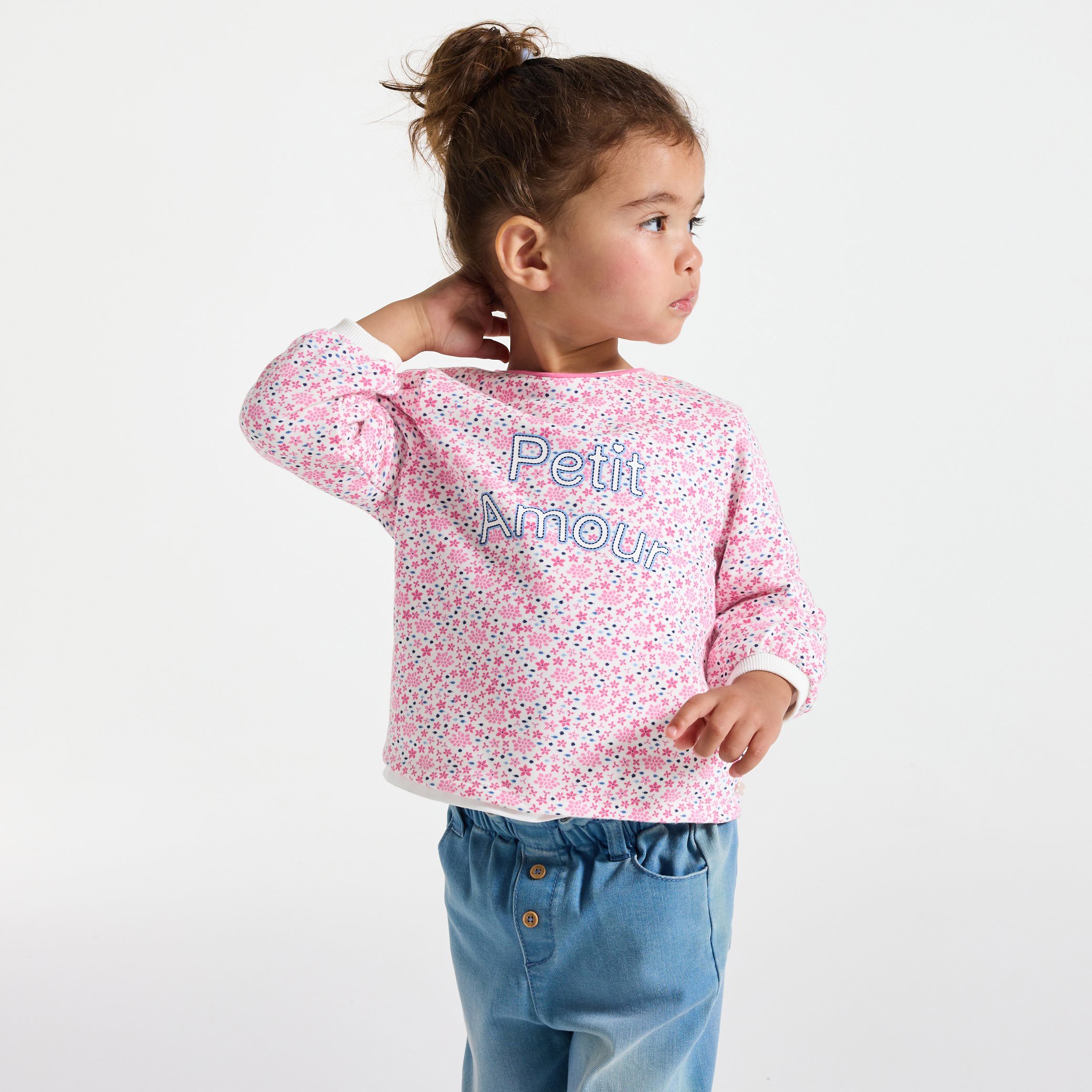 Sweat molleton fleuri à message rose bébé fille - Imprimé rose