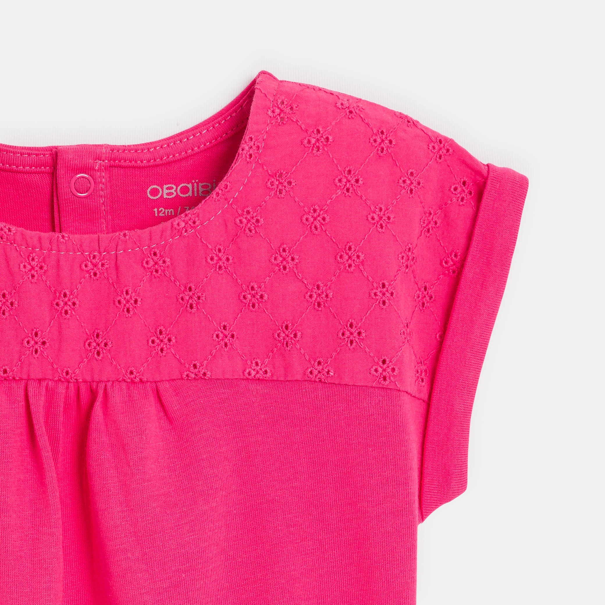 T-shirt bi-matière broderie anglaise vert turquoise bébé fille - Rose Tres Fonce