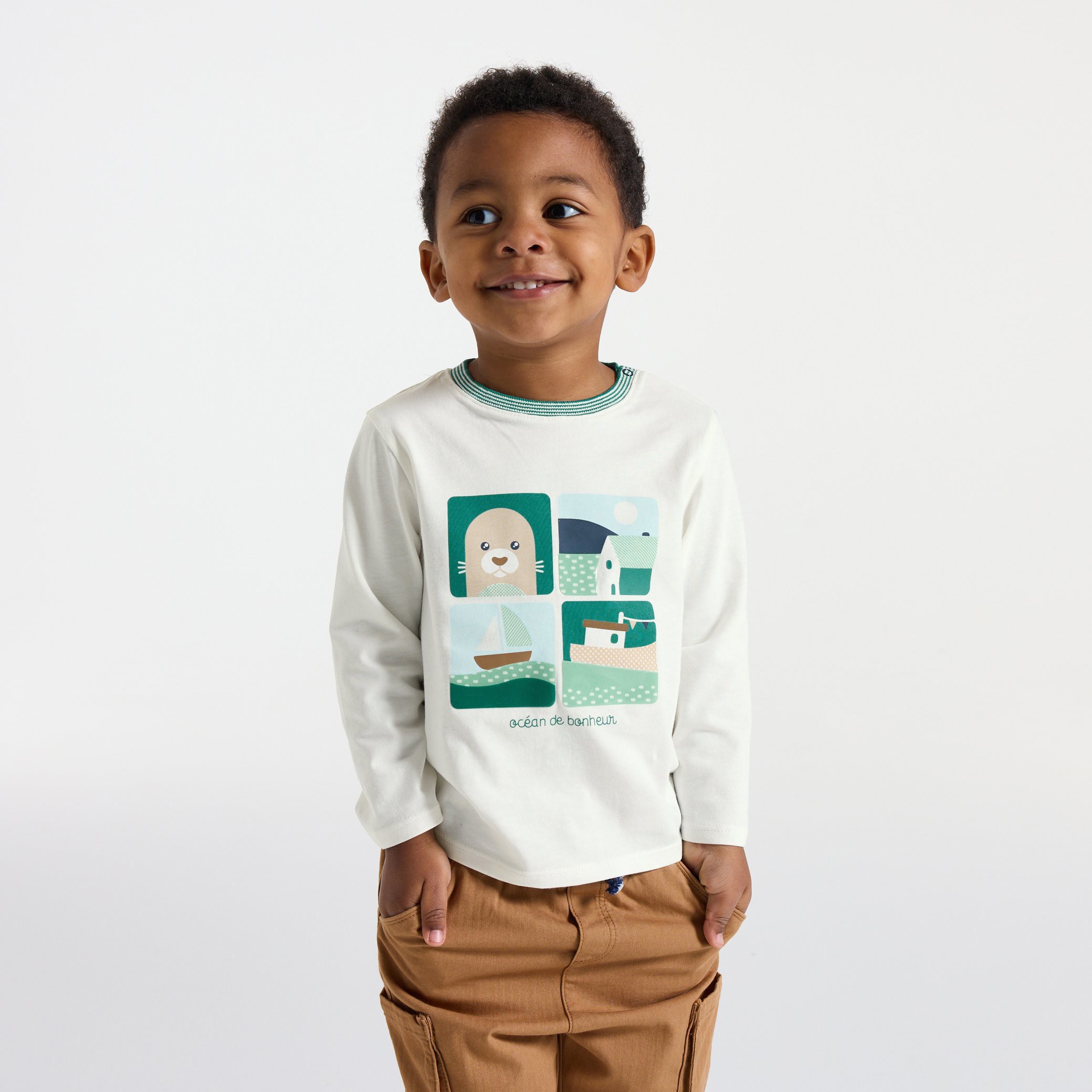 T-shirt blanc manches longues à motif bébé garçon - Blanc écru