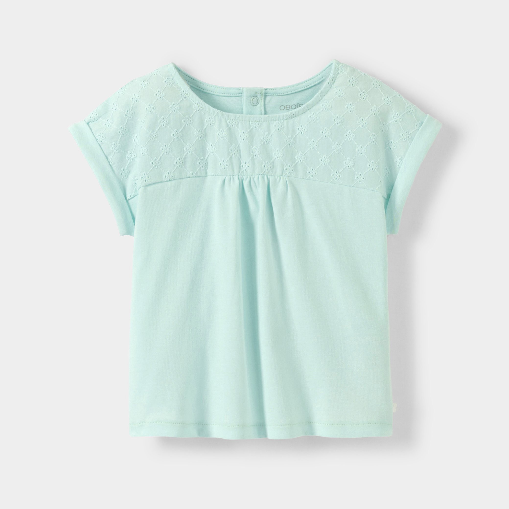 T-shirt bi-matière broderie anglaise violet bébé fille - Vert aqua