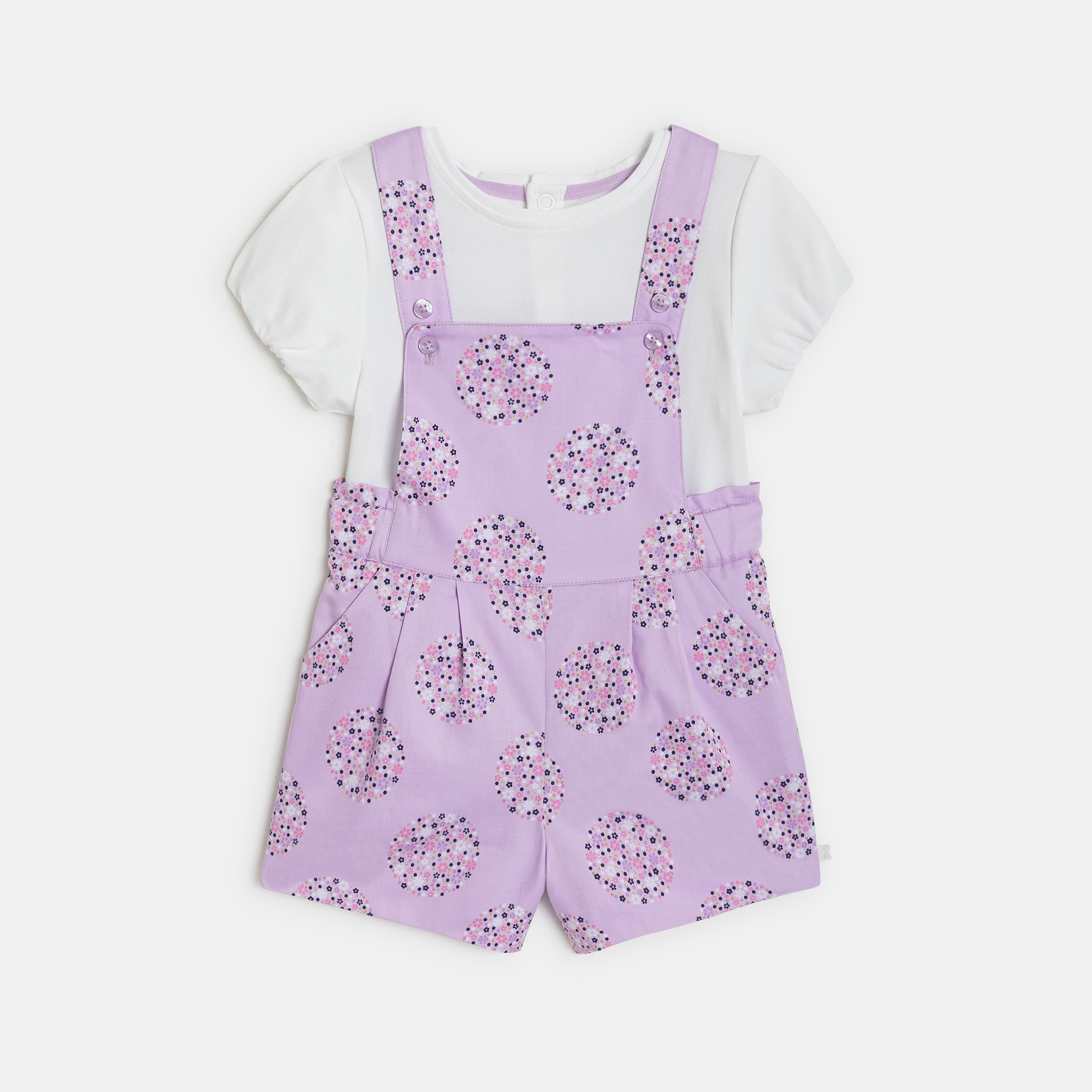 Salopette courte et t-shirt mauve bébé fille - Imprimé Violet