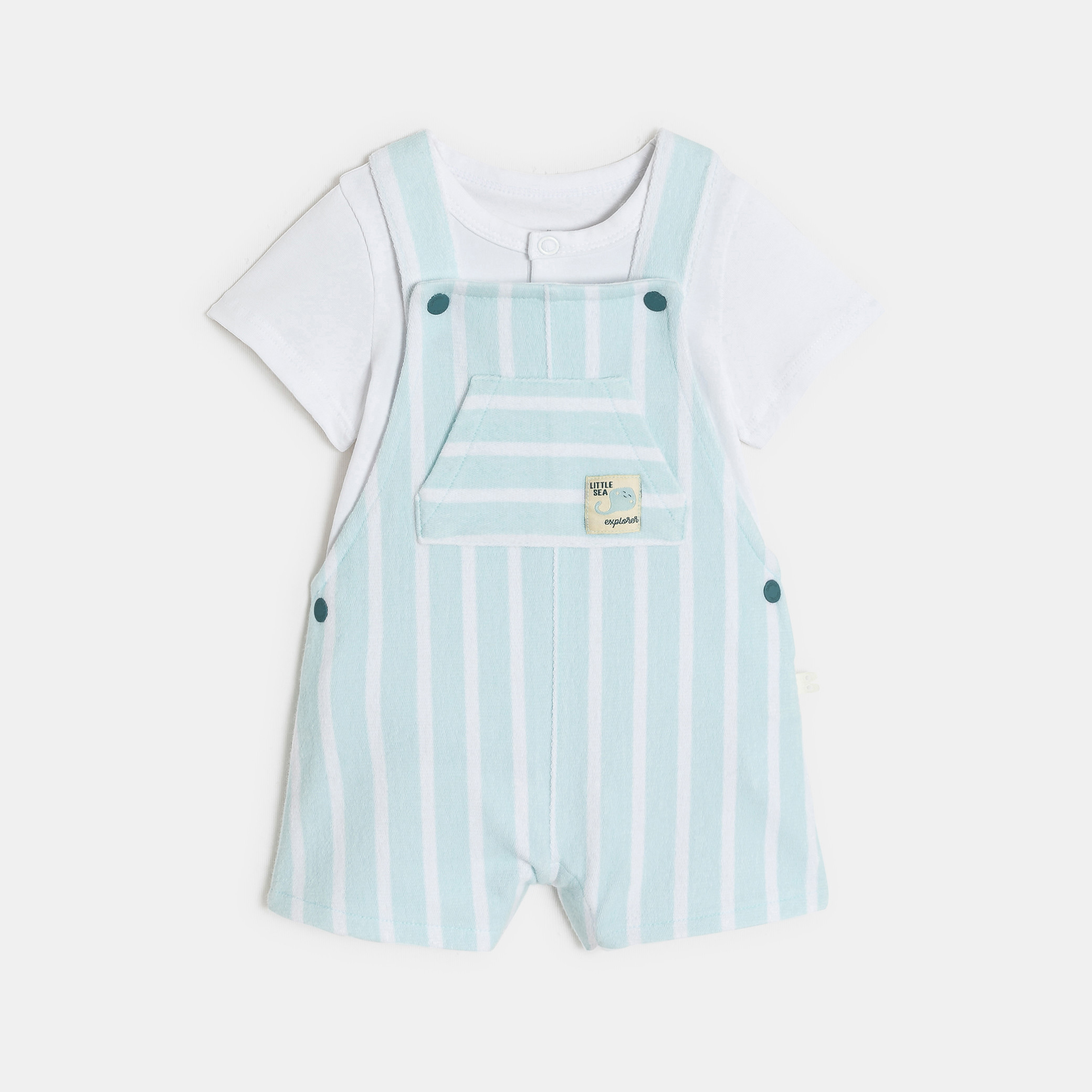 Salopette bouclette et body bleu clair bébé garçon - Rayures bleu