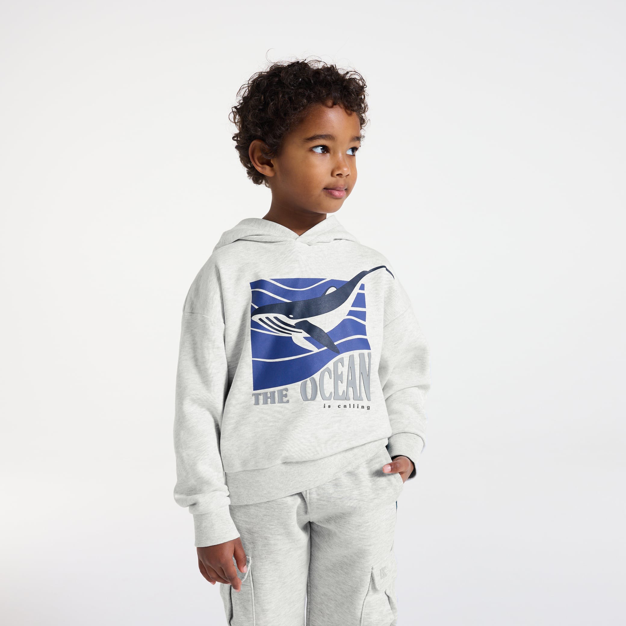 Sweat à capuche molleton bleu garçon - Ecru chiné
