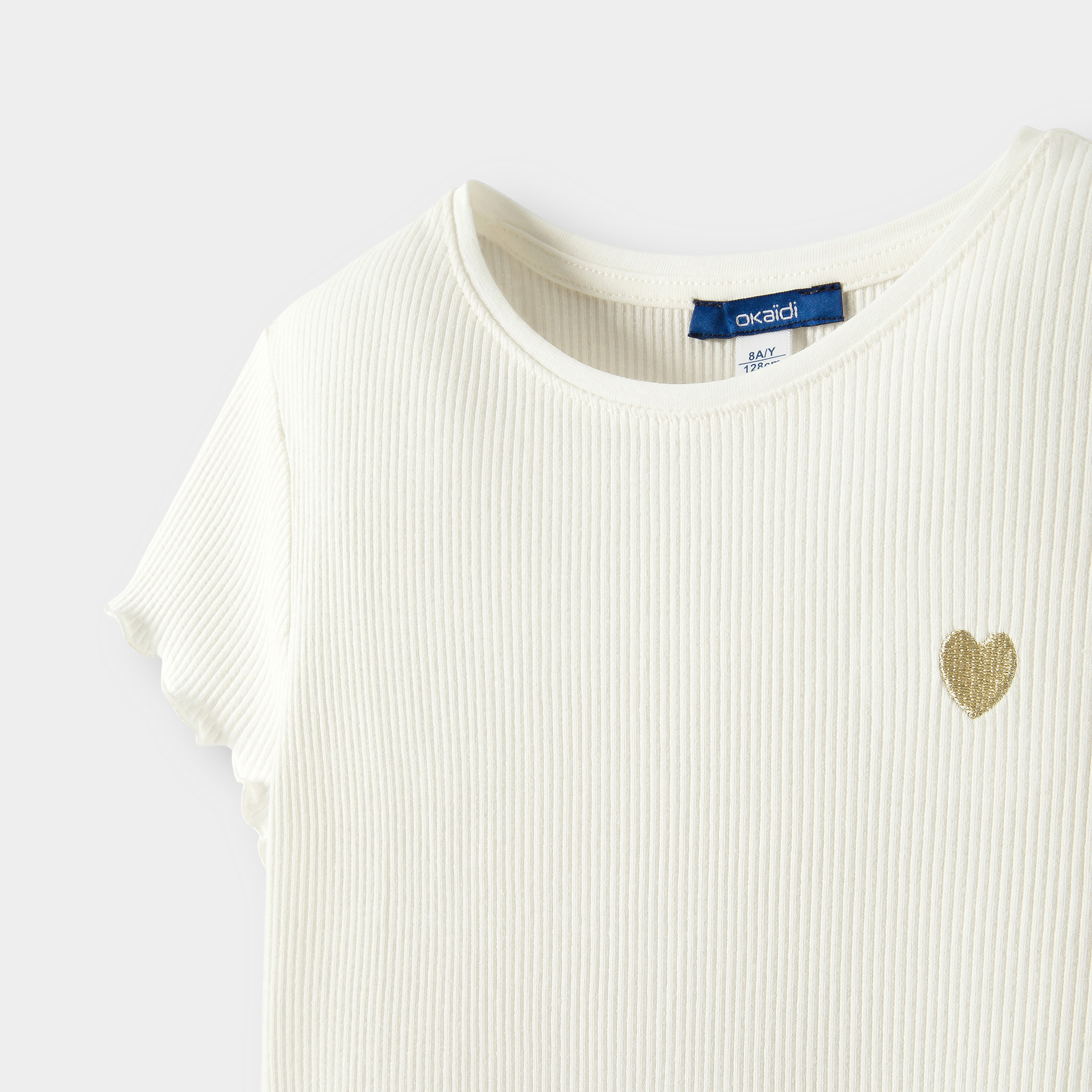 T-shirt maille côtelée rose fille - Blanc