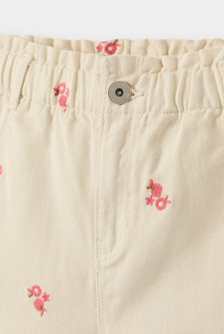 Short denim brodé beige fille - Craie
