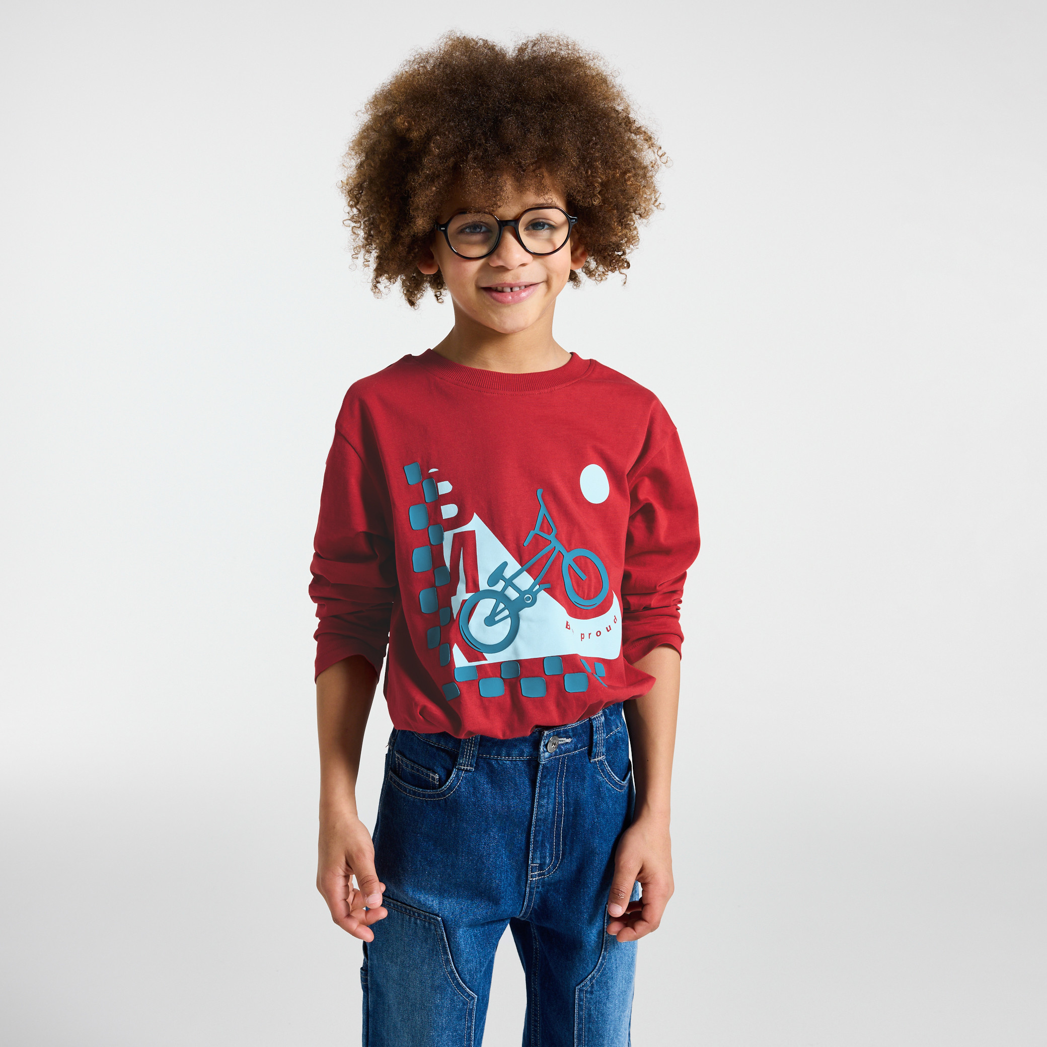 T-shirt manches longues skate bleu garçon - Rouge Vermeil