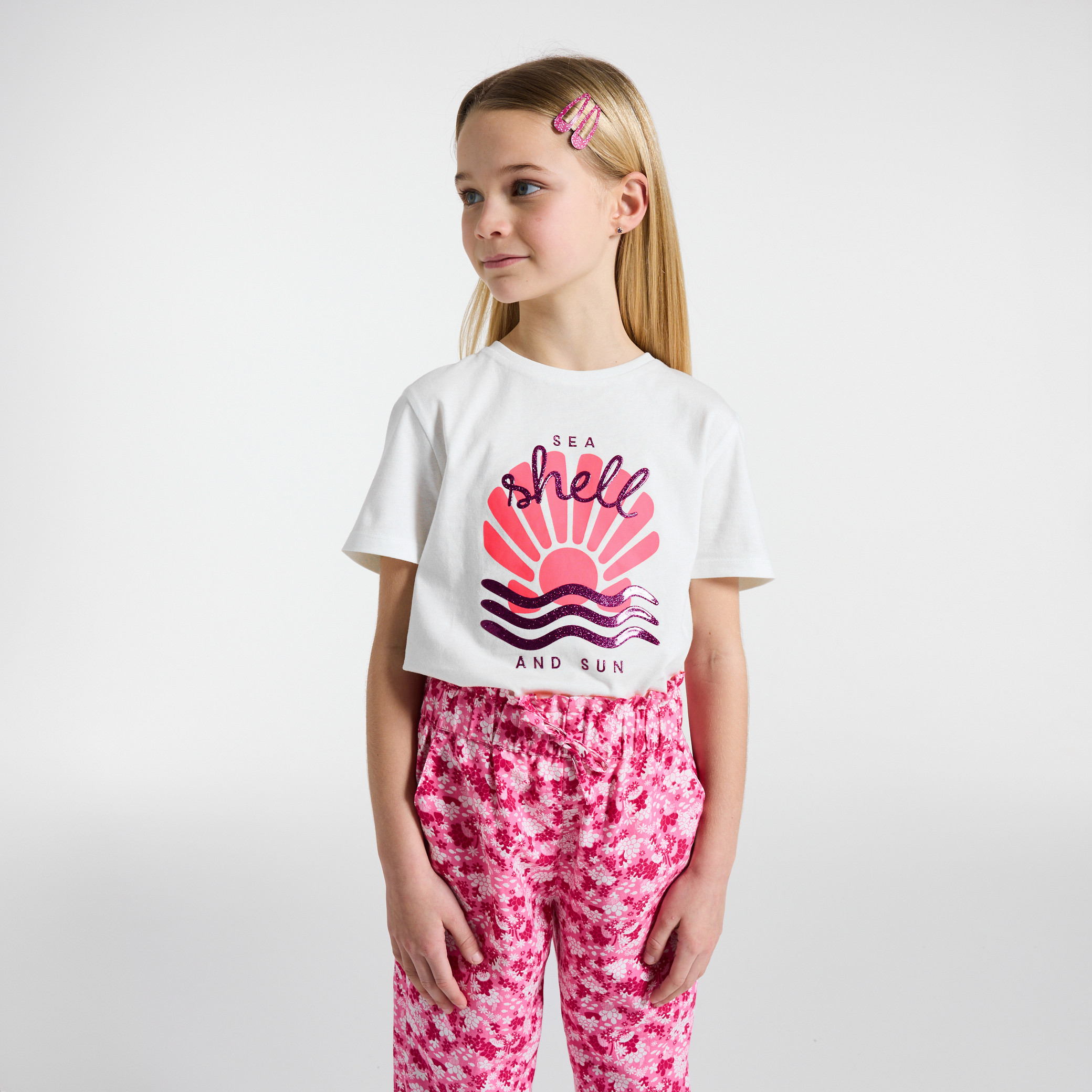T-shirt blanc à motif manches courtes Fille - Blanc écru