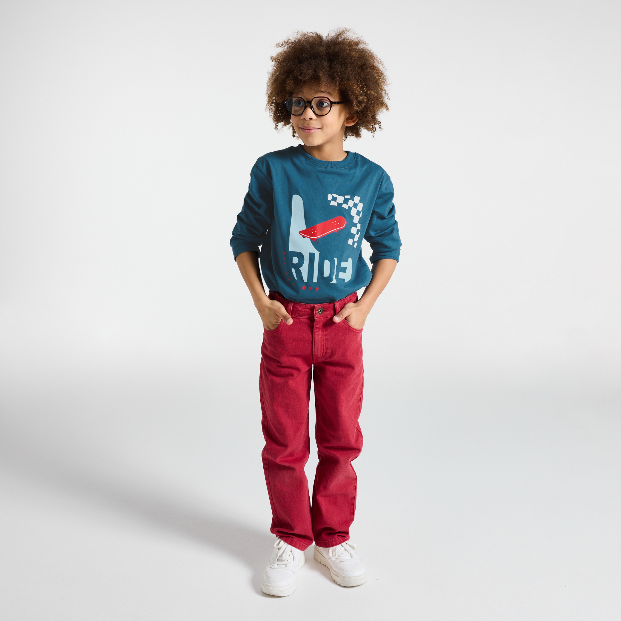T-shirt manches longues skate bleu garçon - Bleu pétrole