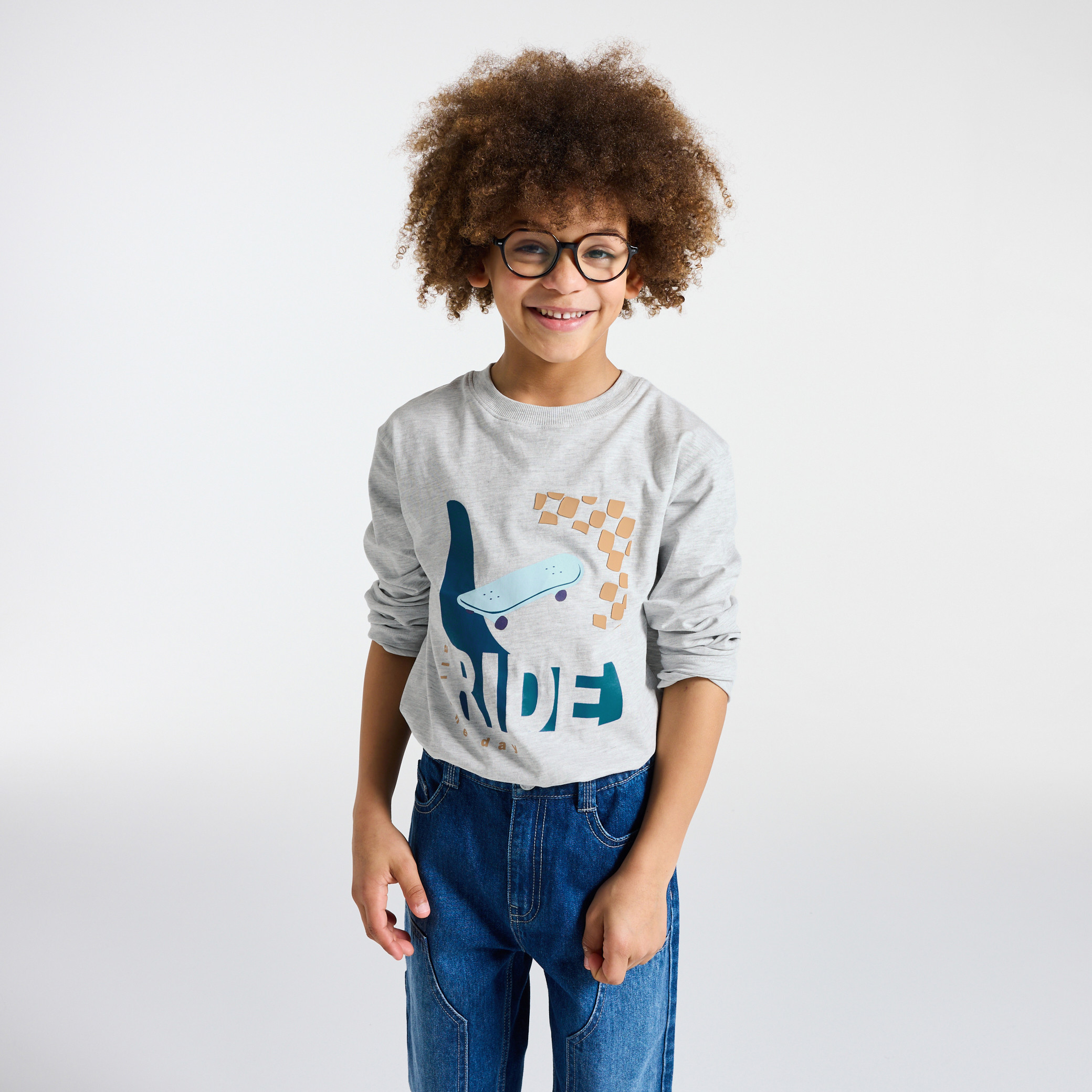 T-shirt manches longues skate bleu garçon - Gris chiné