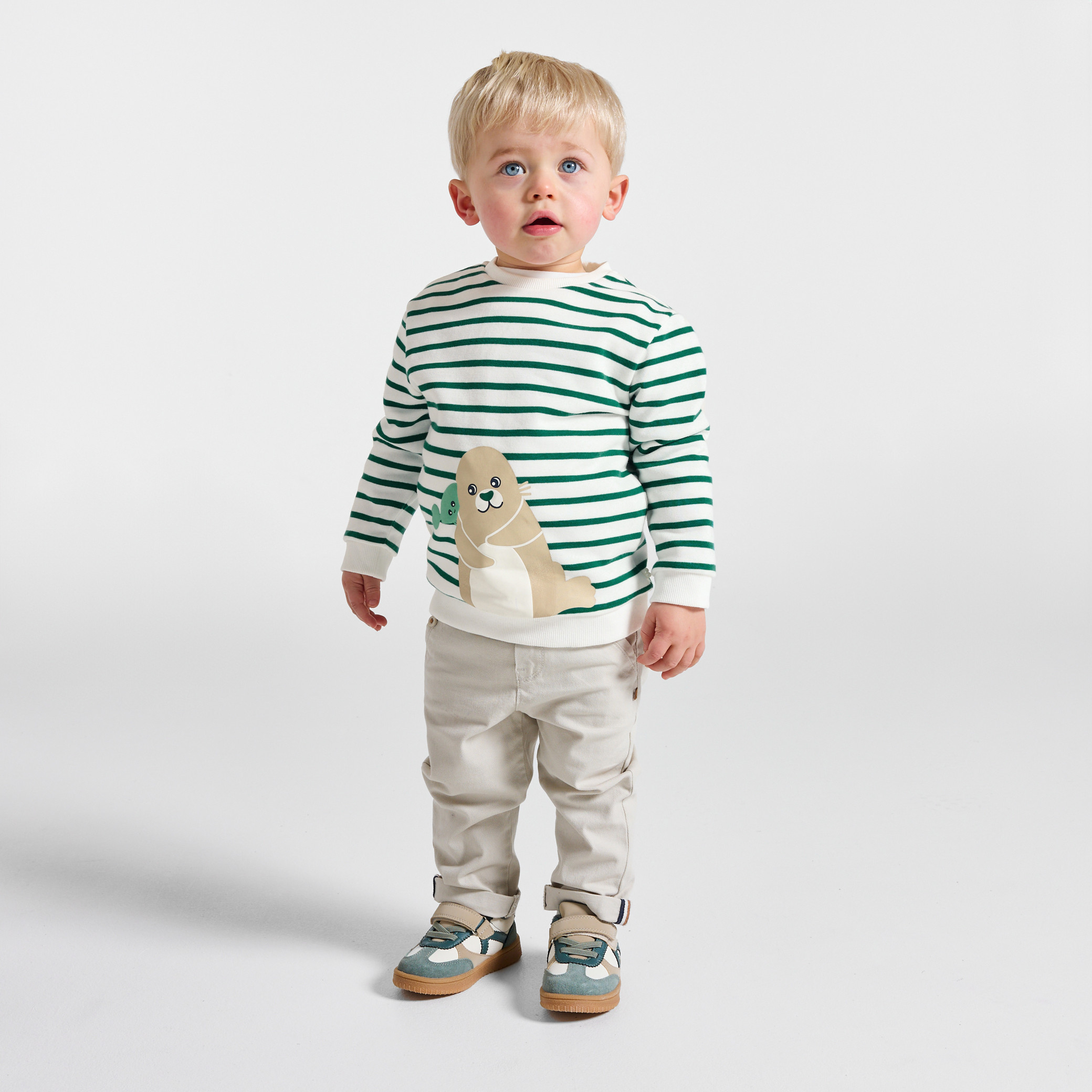Sweat rayé vert motif animalier bébé garçon - Vert herbe