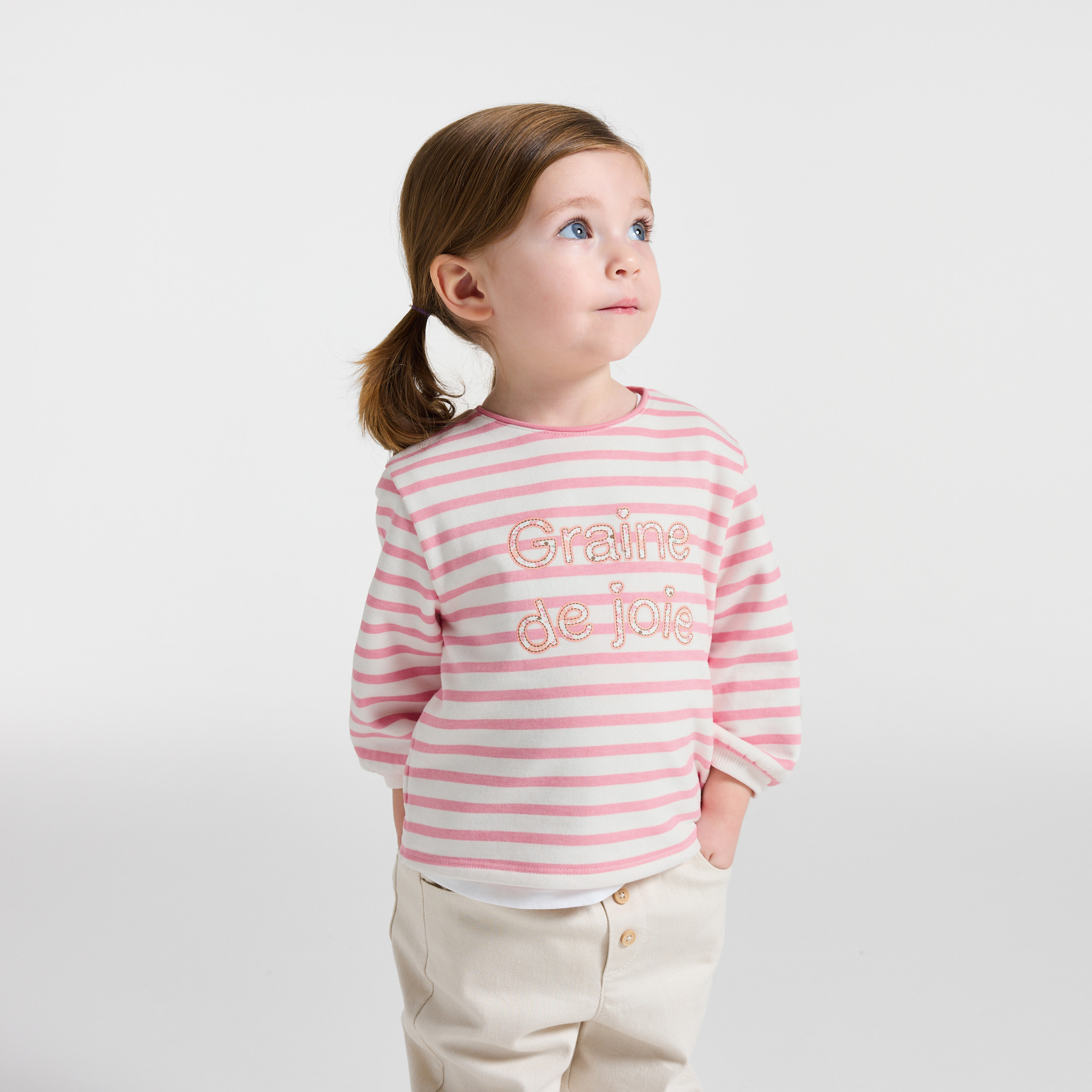 Sweat molleton fleuri à message rose bébé fille - Rayures rose