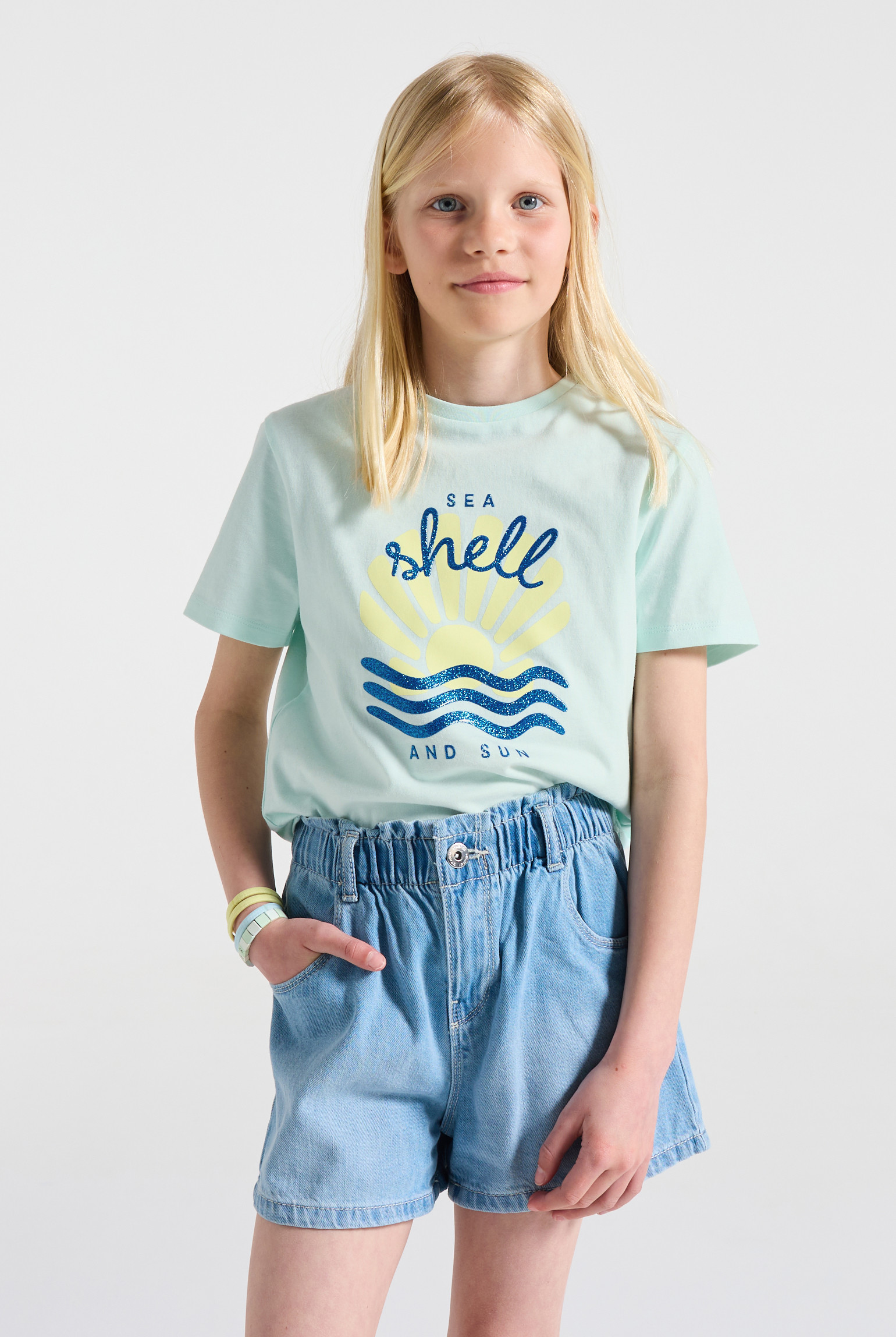 T-shirt blanc à motif manches courtes Fille - Vert aqua