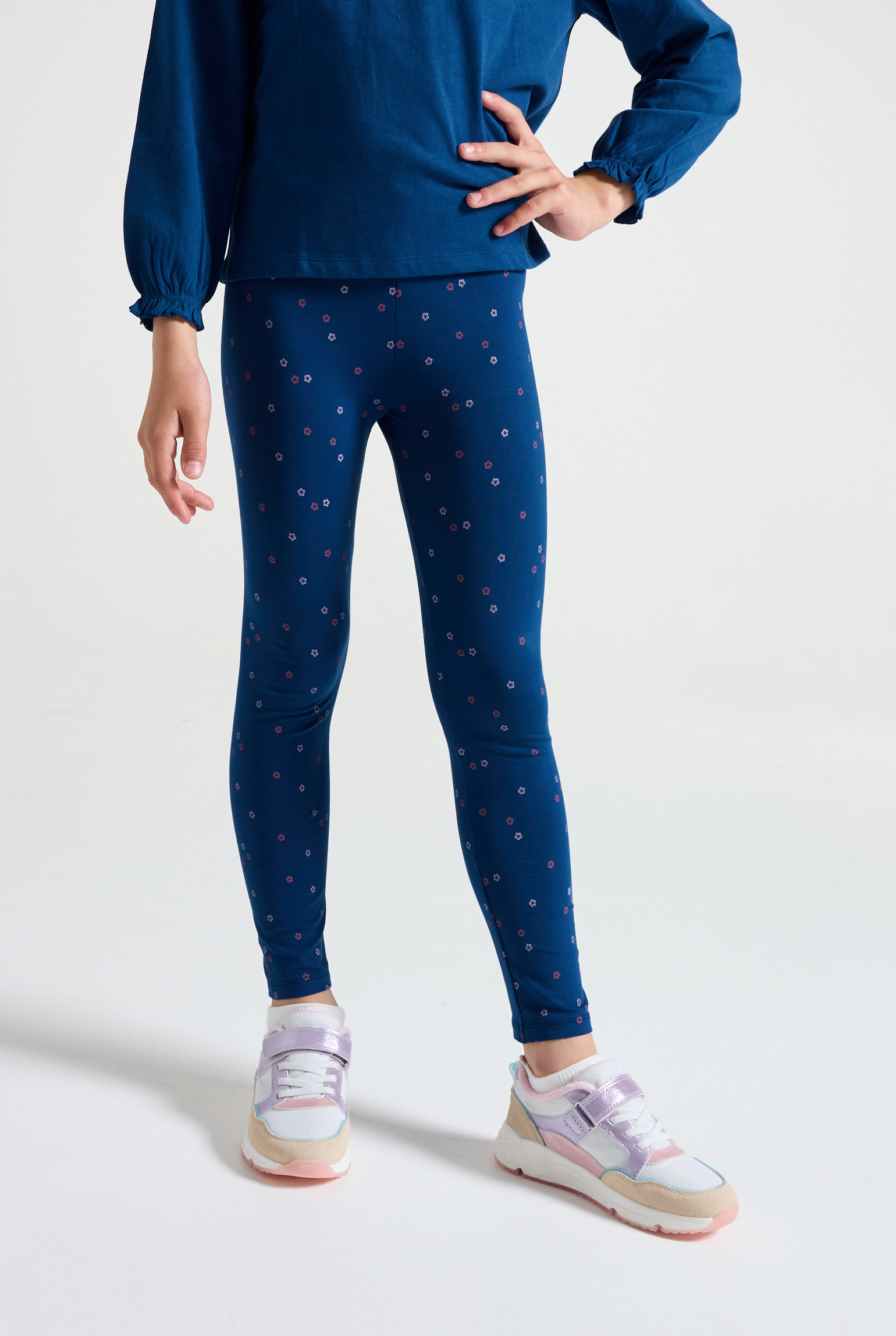 Legging imprimé fleurs bleu fille - Bleu Chardon