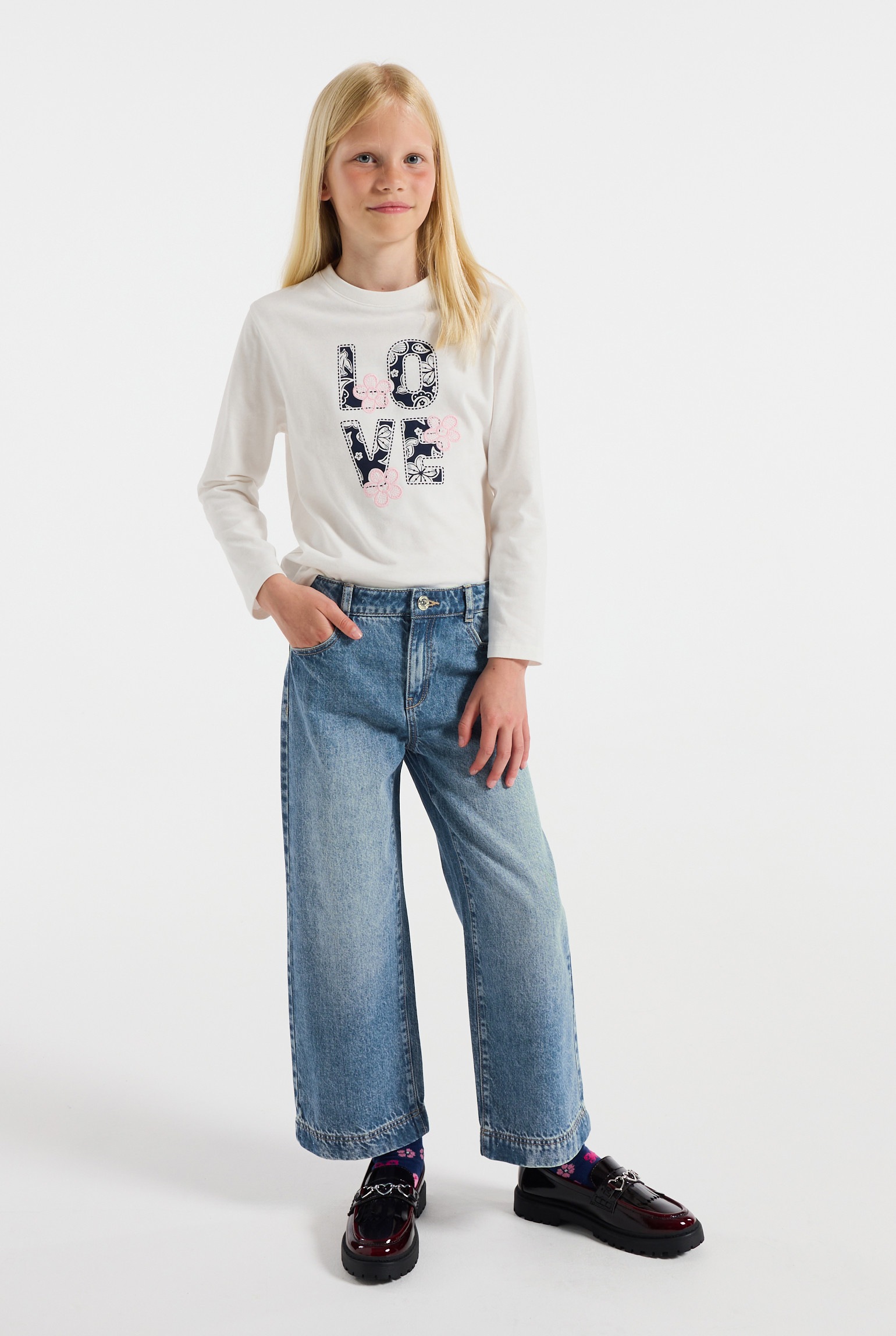 Jean large délavé bleu clair Fille - Denim bleu stone